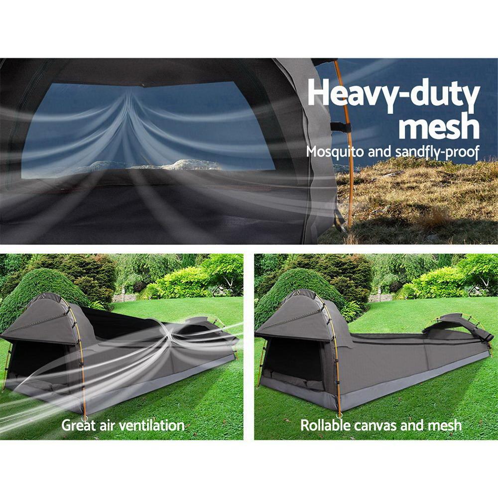 Double Swag Camping Swags Canvas Tent Deluxe Grey With Mattress Weisshorn