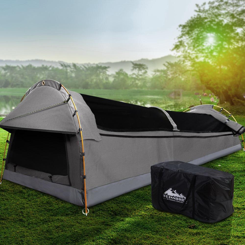 Double Swag Camping Swags Canvas Tent Deluxe Grey With Mattress Weisshorn