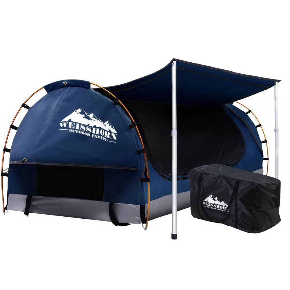 Double Swag Camping Swags Canvas Free Standing Dome Tent Dark Blue with 7CM Mattress Weisshorn