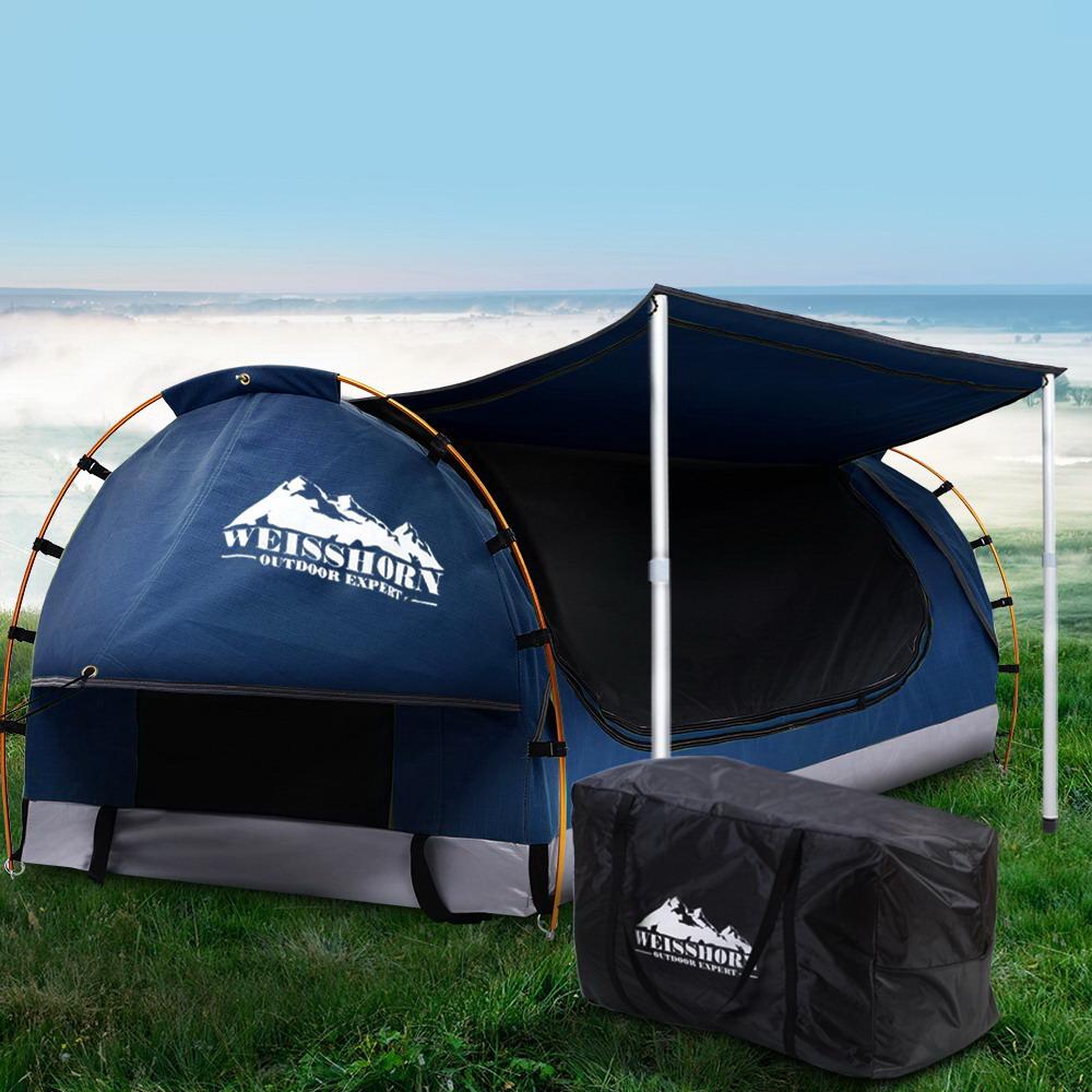 Double Swag Camping Swags Canvas Free Standing Dome Tent Dark Blue with 7CM Mattress Weisshorn