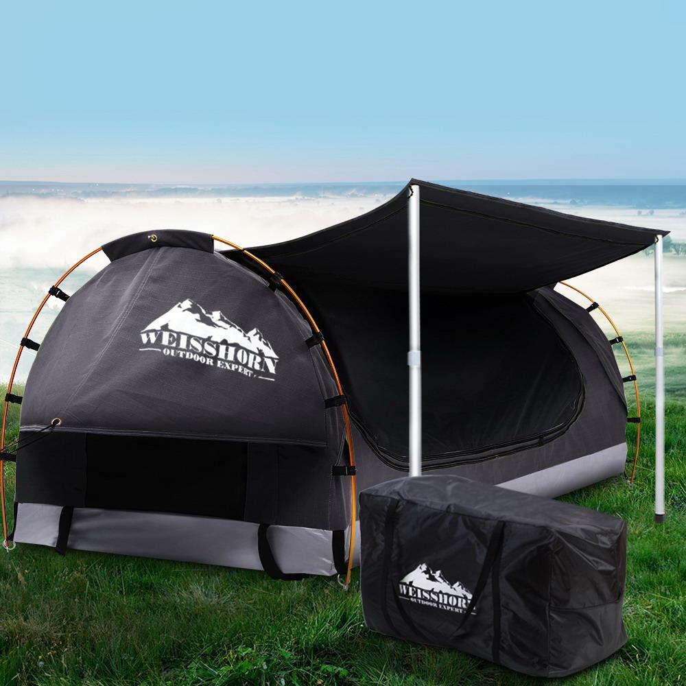Double Swag Camping Swags Canvas Free Standing Dome Tent Dark Grey with 7CM Mattress Weisshorn