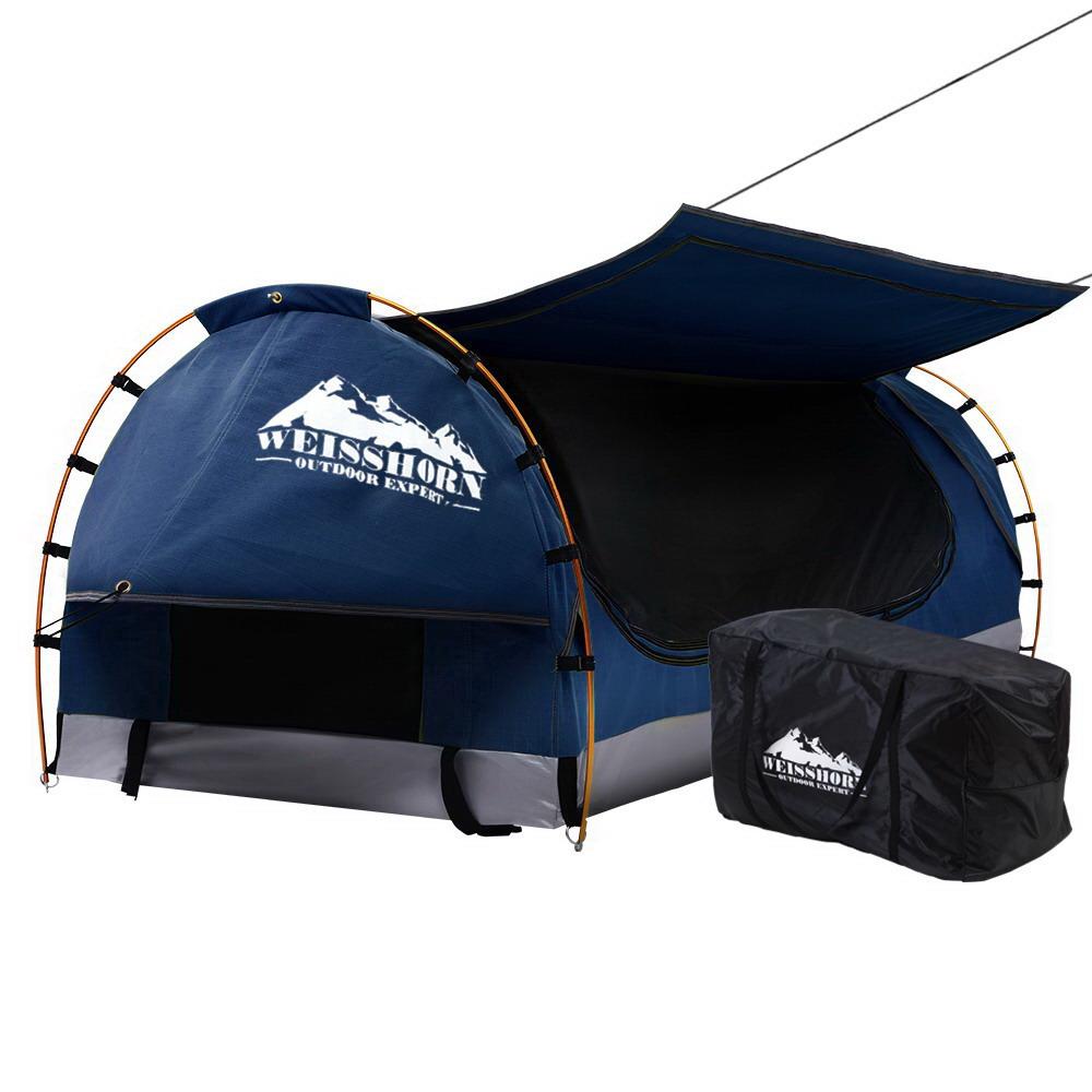 Swag King Single Camping Swags Canvas Free Standing Dome Tent Dark Blue with 7CM Mattress Weisshorn