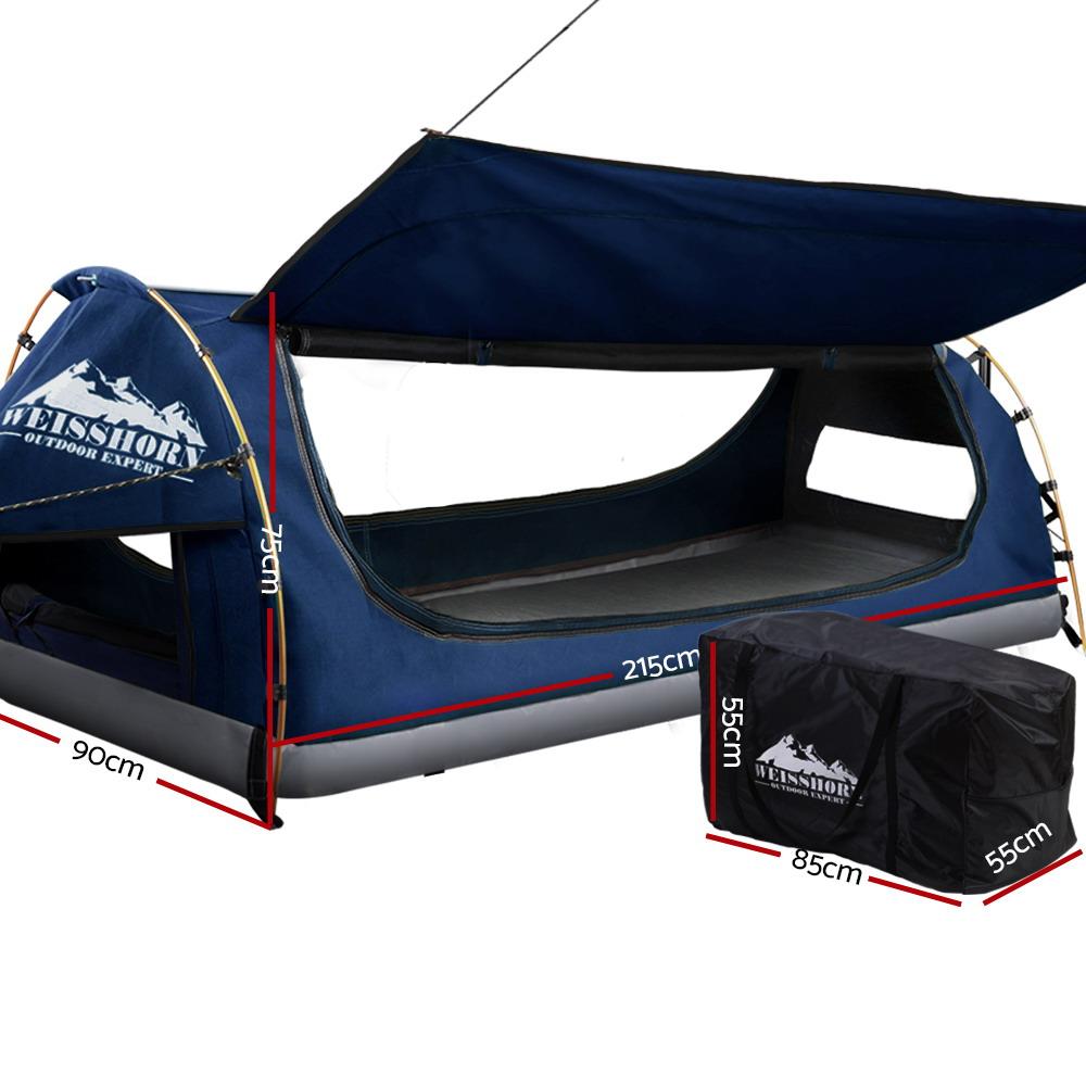 Swag King Single Camping Swags Canvas Free Standing Dome Tent Dark Blue with 7CM Mattress Weisshorn