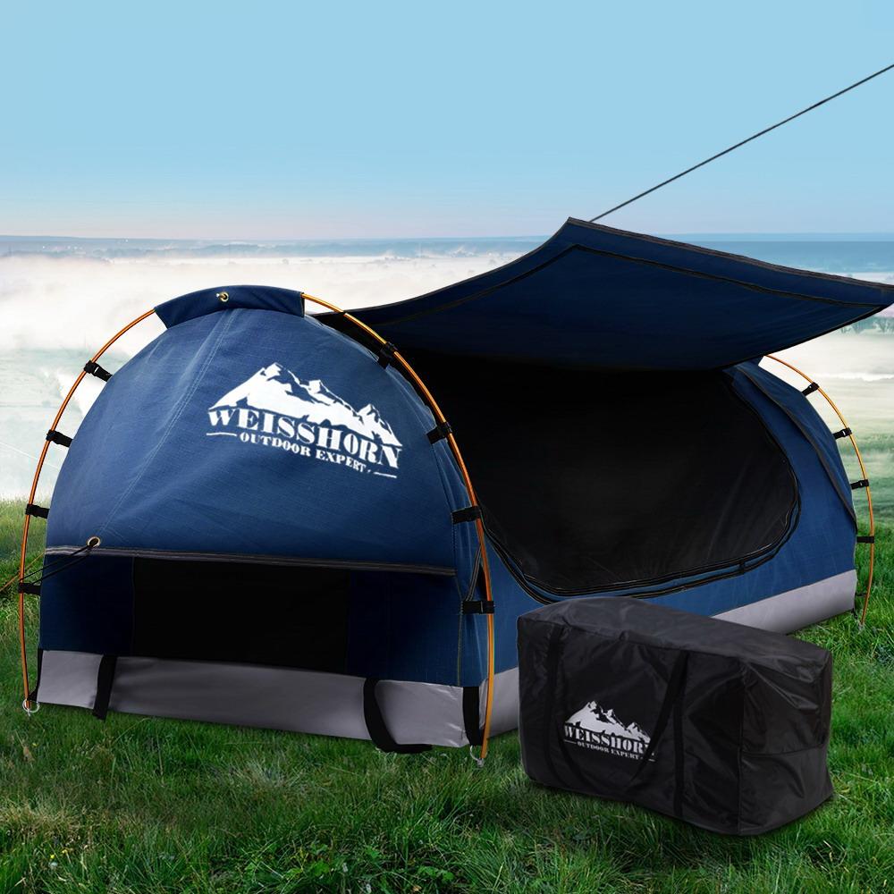Swag King Single Camping Swags Canvas Free Standing Dome Tent Dark Blue with 7CM Mattress Weisshorn