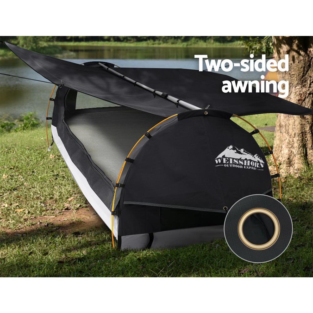 Swag King Single Camping Swags Canvas Free Standing Dome Tent Dark Grey with 7CM Mattress Weisshorn