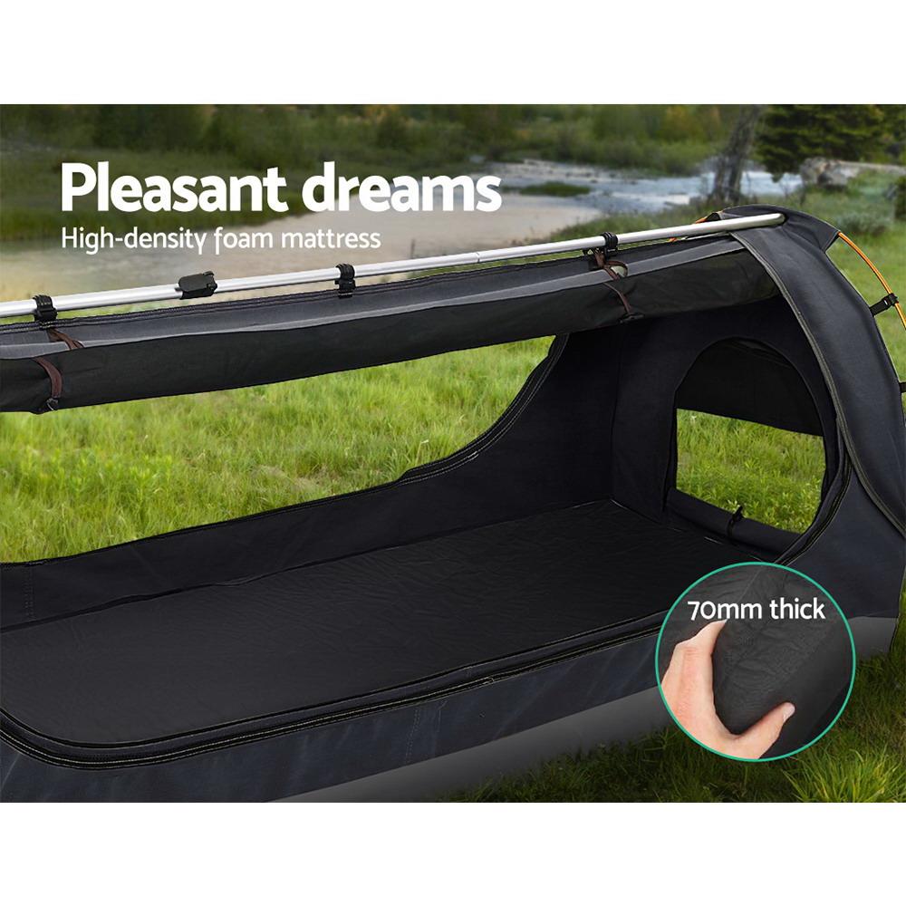 Swag King Single Camping Swags Canvas Free Standing Dome Tent Dark Grey with 7CM Mattress Weisshorn