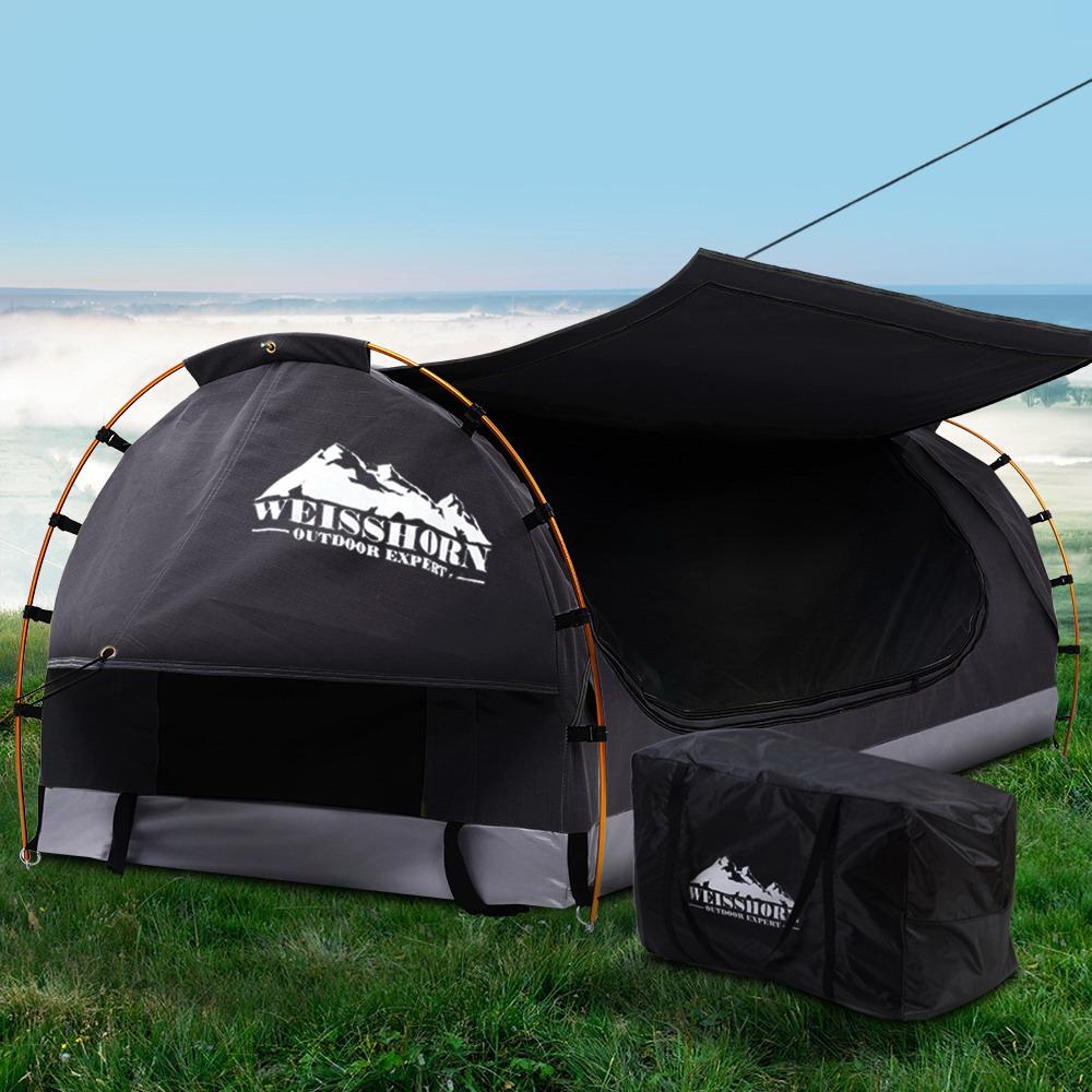 Swag King Single Camping Swags Canvas Free Standing Dome Tent Dark Grey with 7CM Mattress Weisshorn