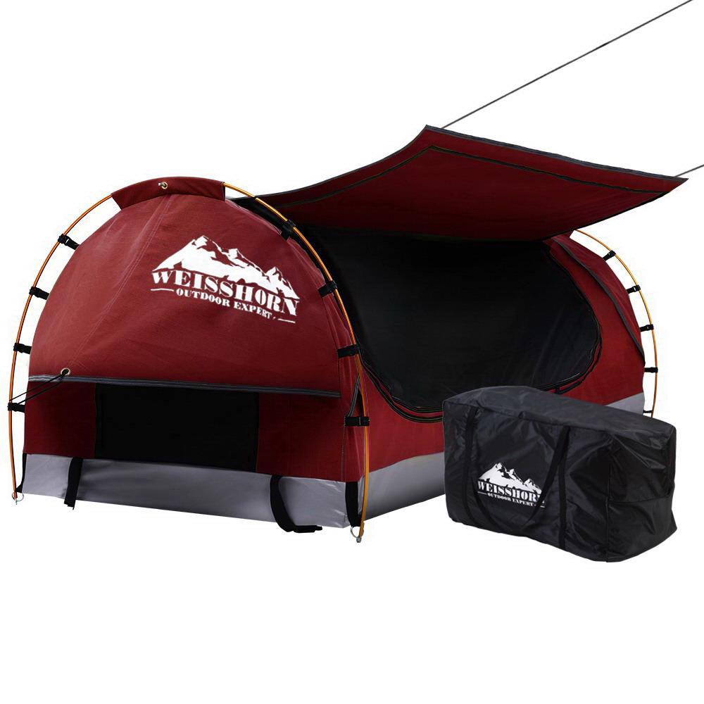 Swag King Single Camping Swags Canvas Free Standing Dome Tent Red with 7CM Mattress Weisshorn