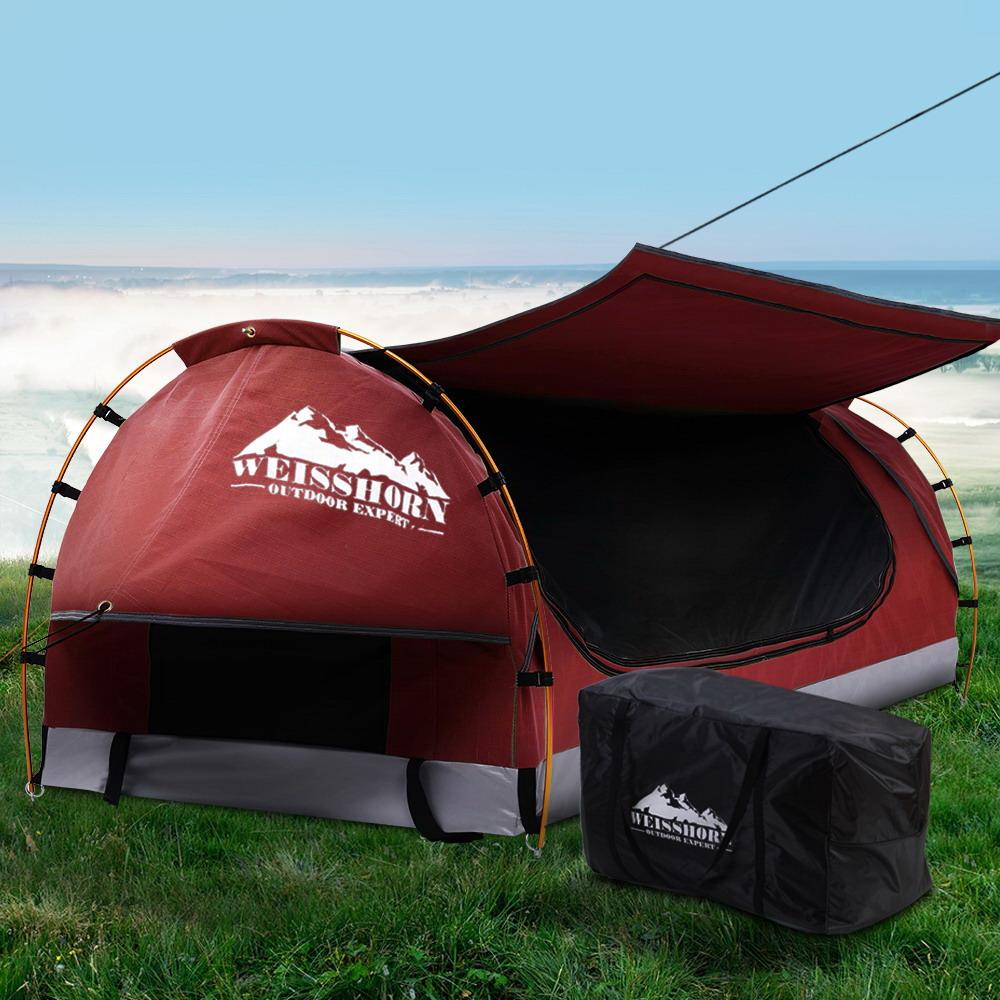 Swag King Single Camping Swags Canvas Free Standing Dome Tent Red with 7CM Mattress Weisshorn
