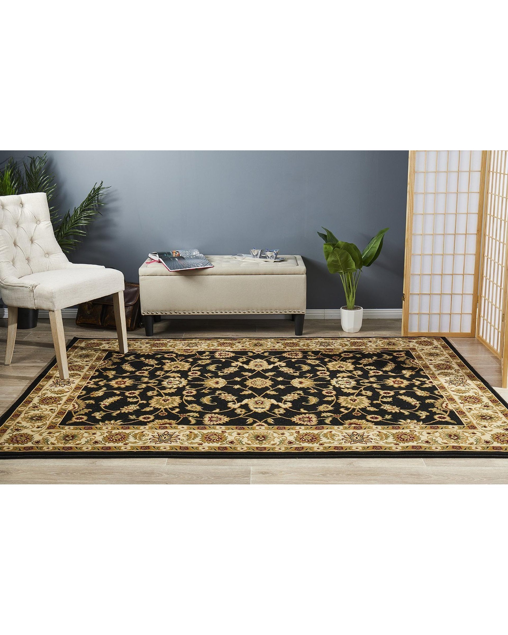 Sydney Collection Classic Rug Black With Ivory Border