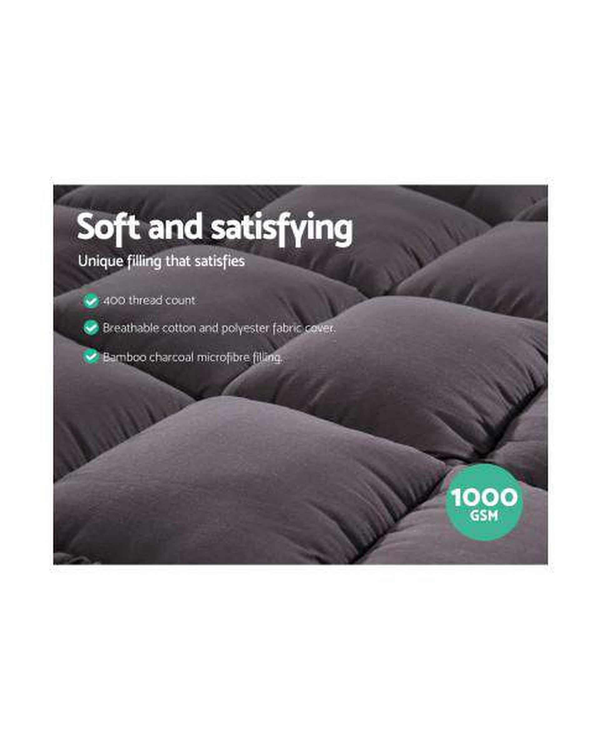 Mattress Topper Pillowtop 1000GSM Charcoal Microfibre Bamboo Fibre Filling Protector Giselle