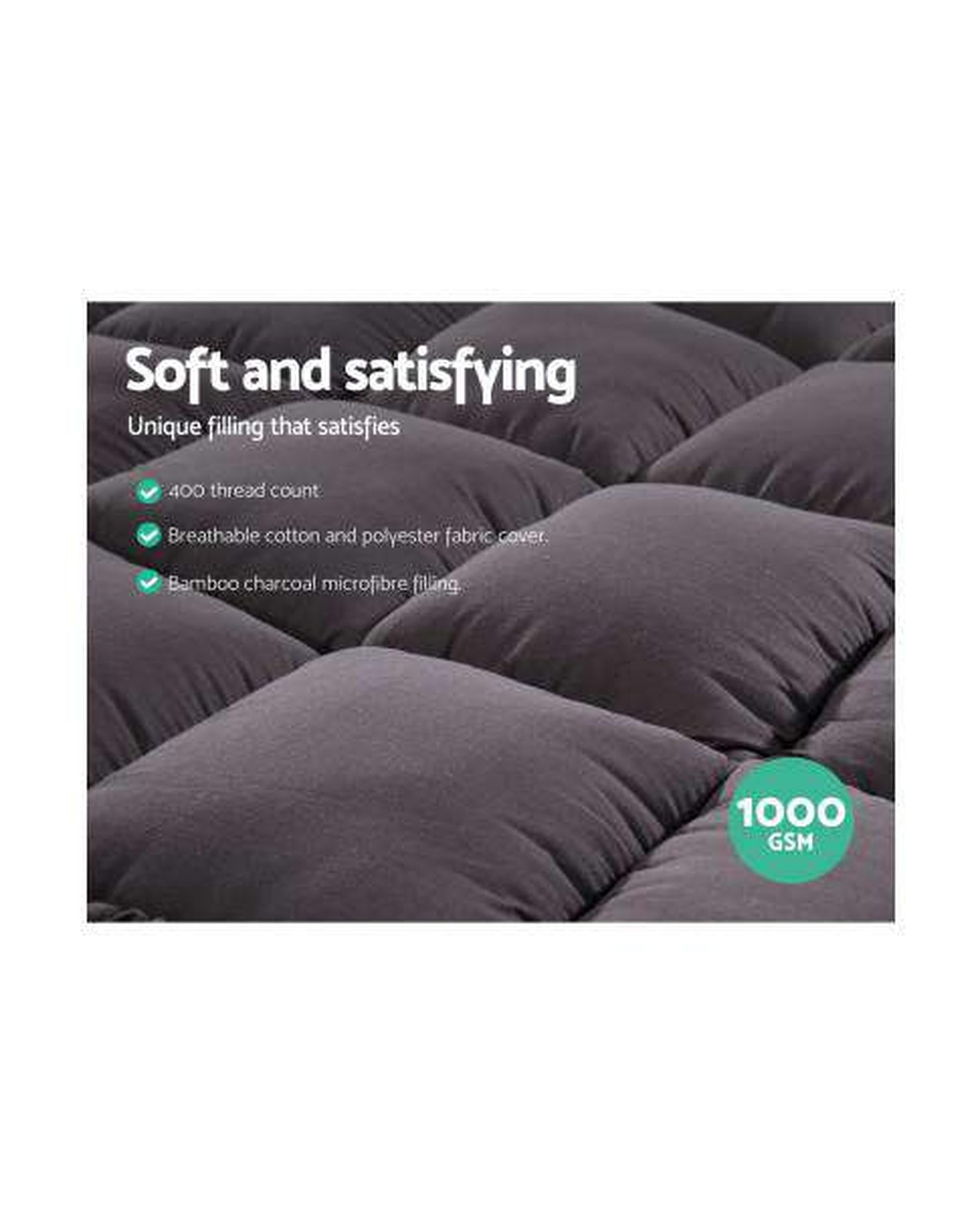 Mattress Topper Pillowtop 1000GSM Charcoal Microfibre Bamboo Fibre Filling Protector Giselle