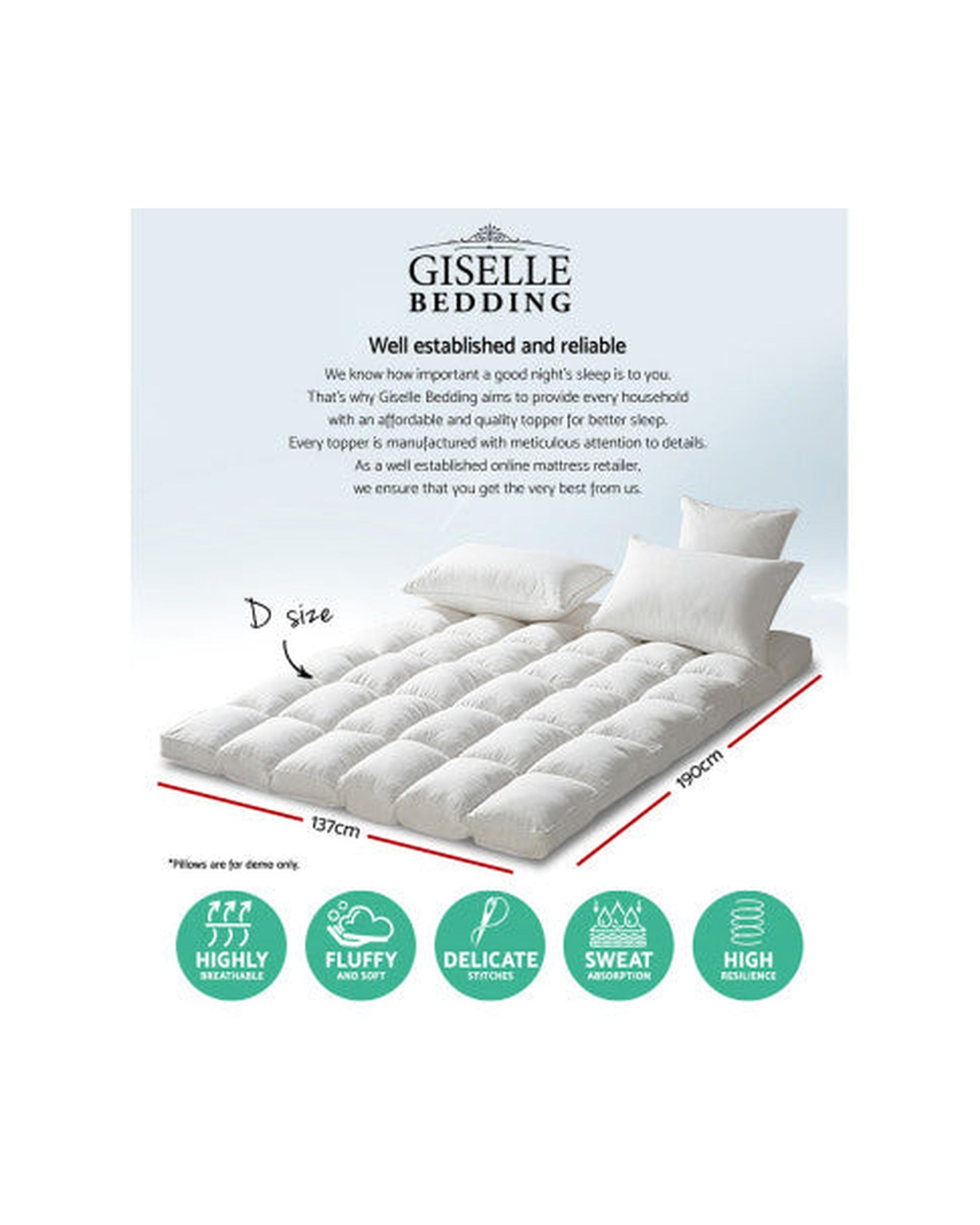 Mattress Topper Pillowtop 1000GSM Microfibre Filling Protector Giselle