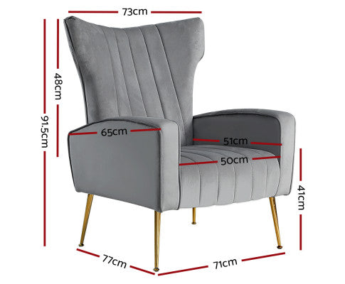 Armchair Lounge Accent Chairs Armchairs Chair Velvet Sofa Seat - Grey Artiss