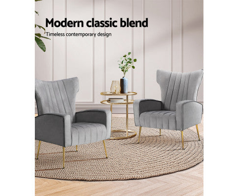 Armchair Lounge Accent Chairs Armchairs Chair Velvet Sofa Seat - Grey Artiss