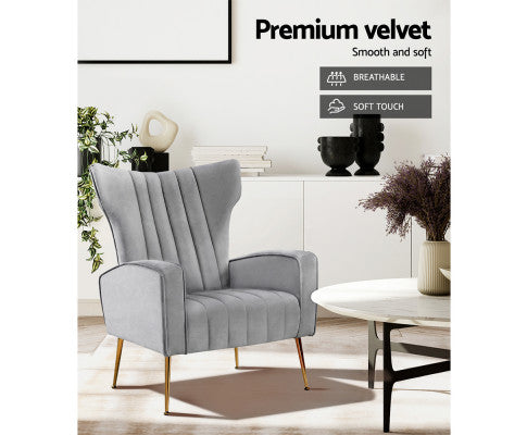 Armchair Lounge Accent Chairs Armchairs Chair Velvet Sofa Seat - Grey Artiss