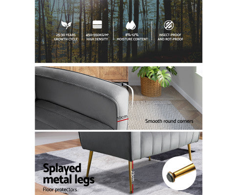 Armchair Lounge Accent Chairs Armchairs Chair Velvet Sofa Seat - Grey Artiss