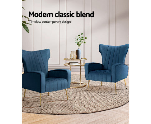 Armchair Lounge Accent Chairs Armchairs Chair Velvet Sofa Seat - Blue Artiss