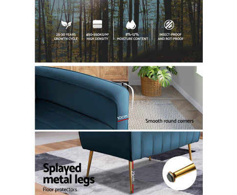 Armchair Lounge Accent Chairs Armchairs Chair Velvet Sofa Seat - Blue Artiss