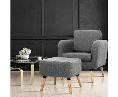Artiss Accent Chair Lounge Chair Armchair with Ottoman Tub Accent Sofa Linen Fabric Grey