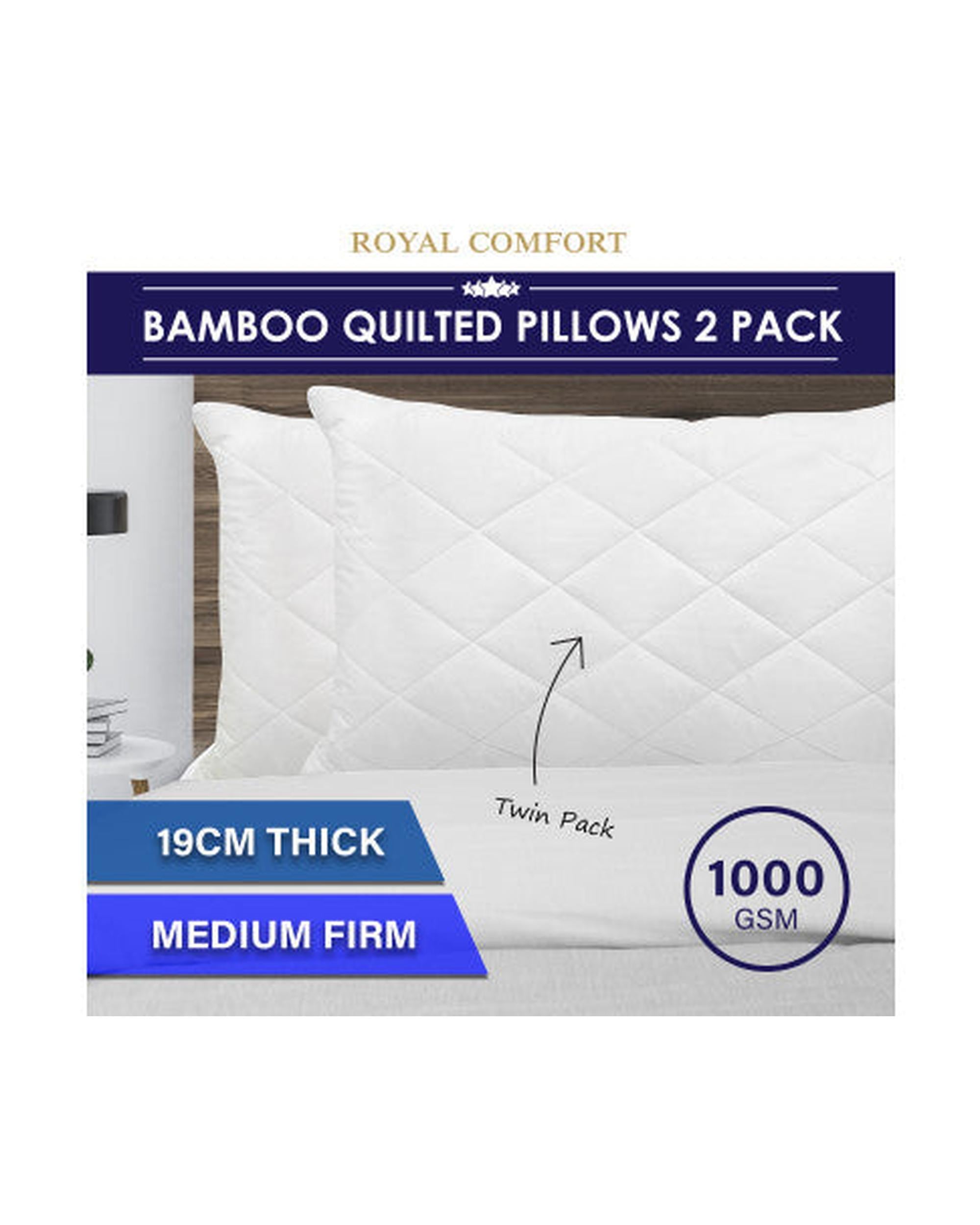 Royal Comfort Luxury Bamboo Blend Quilted Pillow Twin Pack Extra Fill Support White 50 x 75cm Royal Comfort