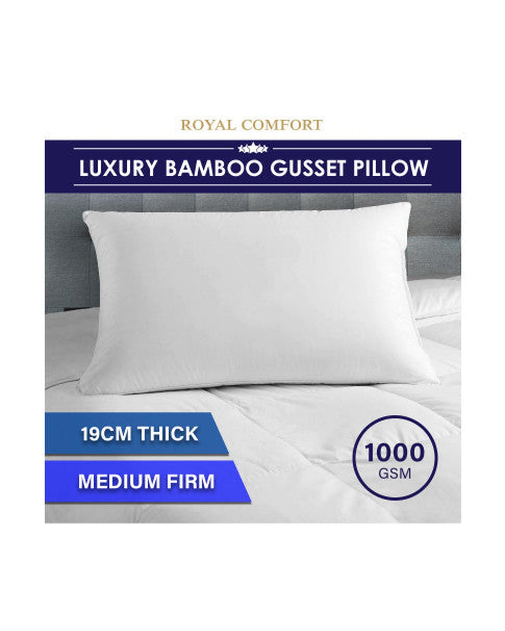 Royal Comfort Luxury Bamboo Blend Gusset Pillow Single Pack 4cm Gusset Support 50 x 75cm White Royal Comfort