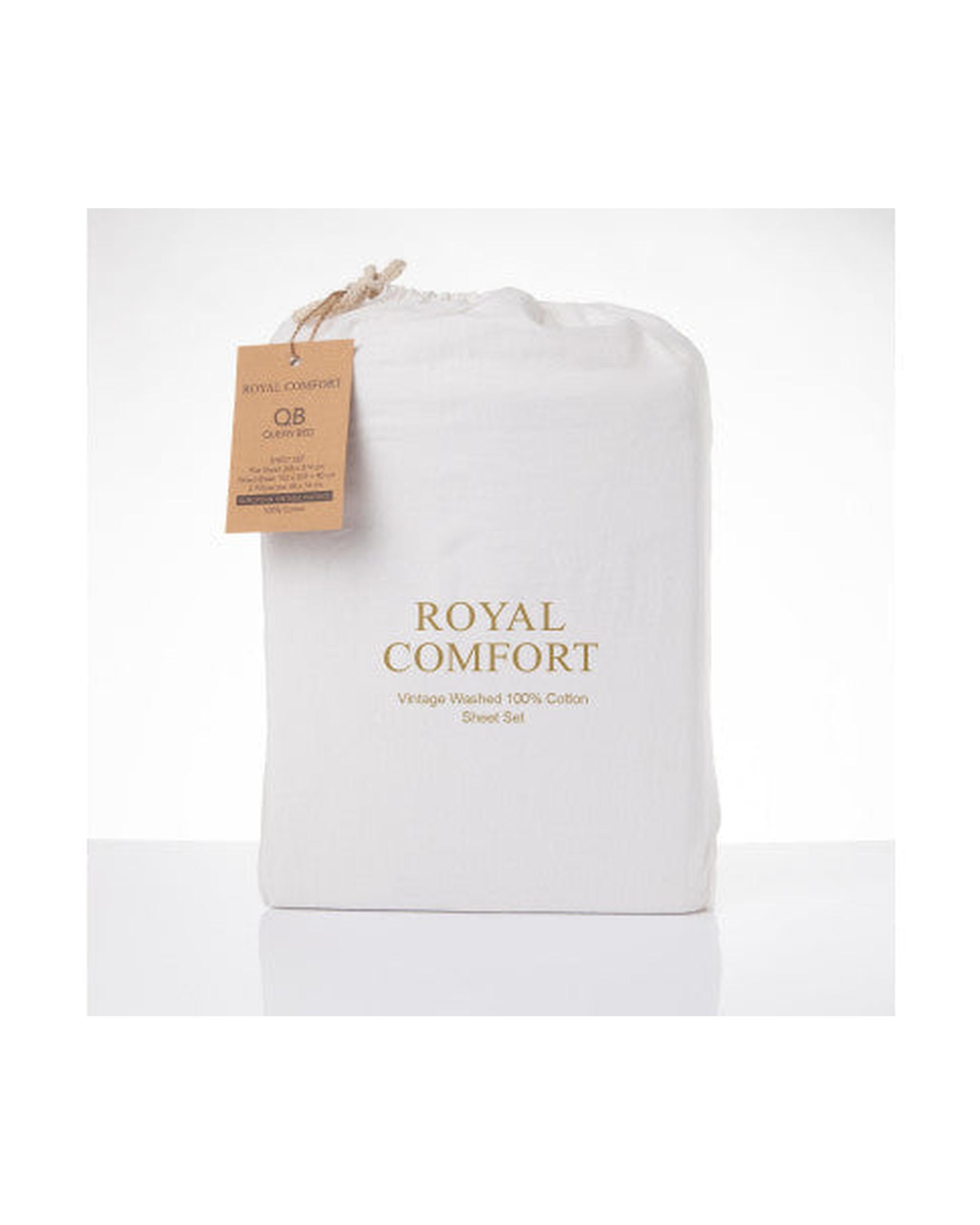Royal Comfort Vintage Washed 100% Cotton Sheet Set Fitted Flat Sheet Pillowcases - WHITE Royal Comfort