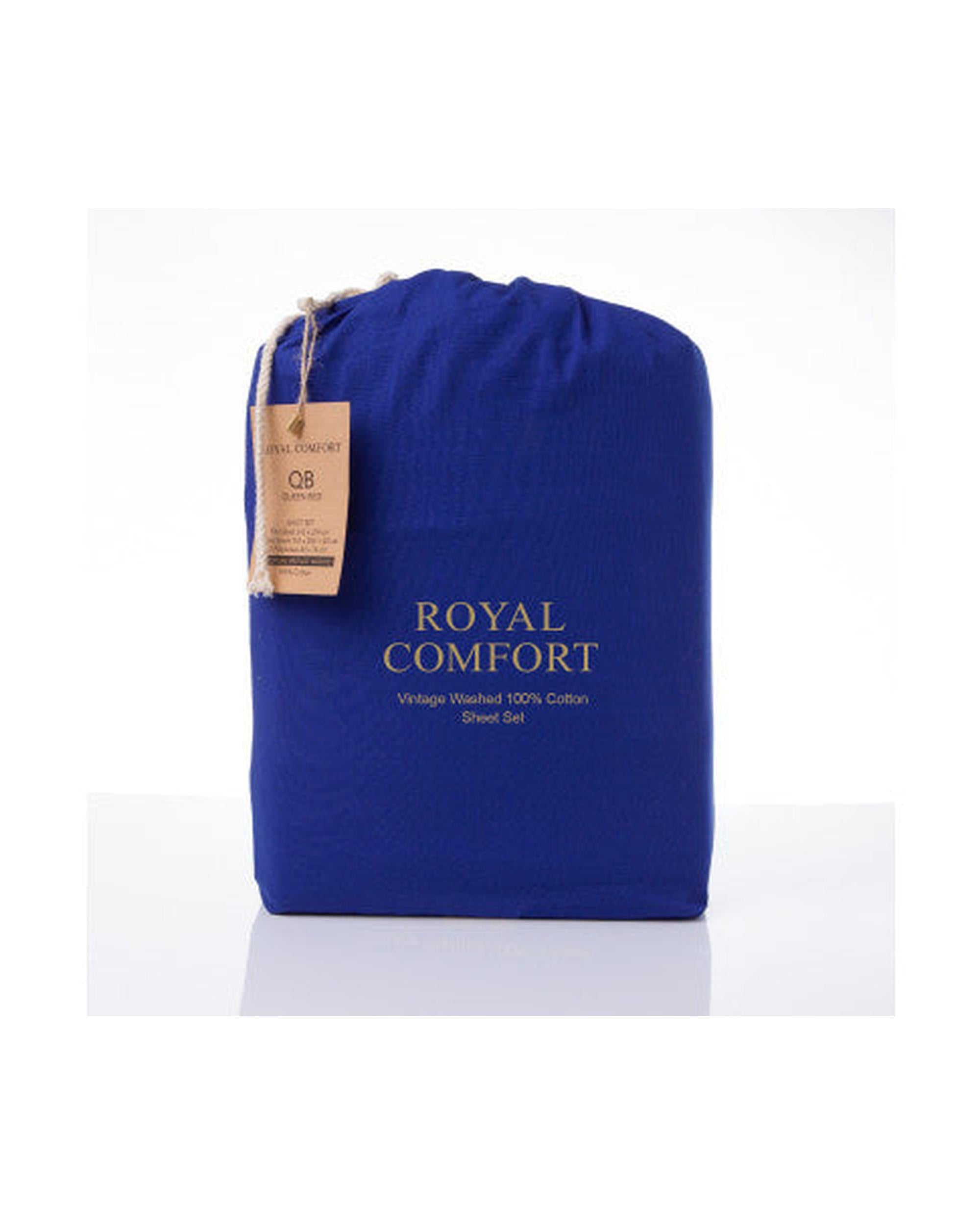 Royal Comfort Vintage Washed 100% Cotton Sheet Set Fitted Flat Sheet Pillowcases - ROYAL BLUE Royal Comfort