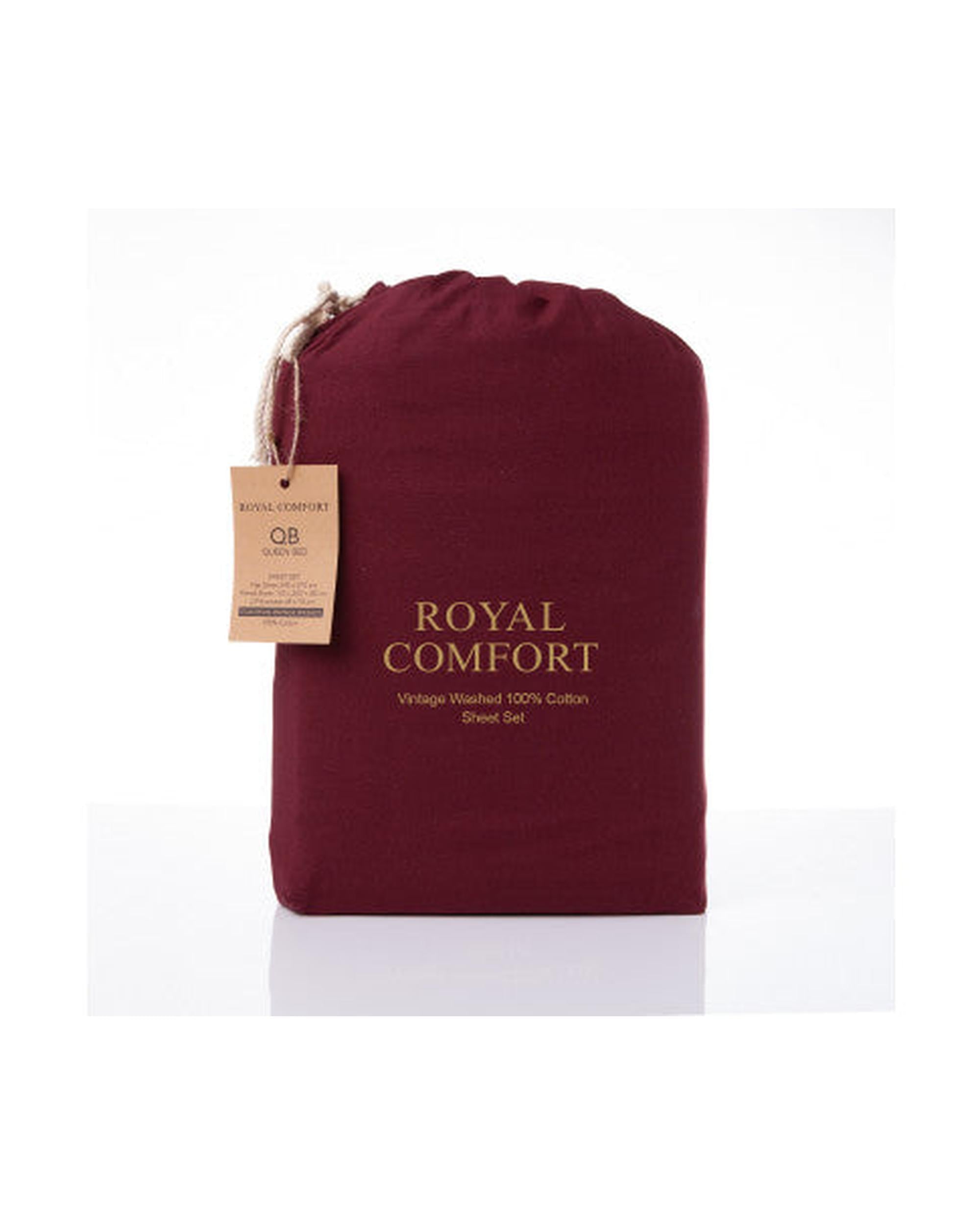 Royal Comfort Vintage Washed 100% Cotton Sheet Set Fitted Flat Sheet Pillowcases - MULLED WINE Royal Comfort