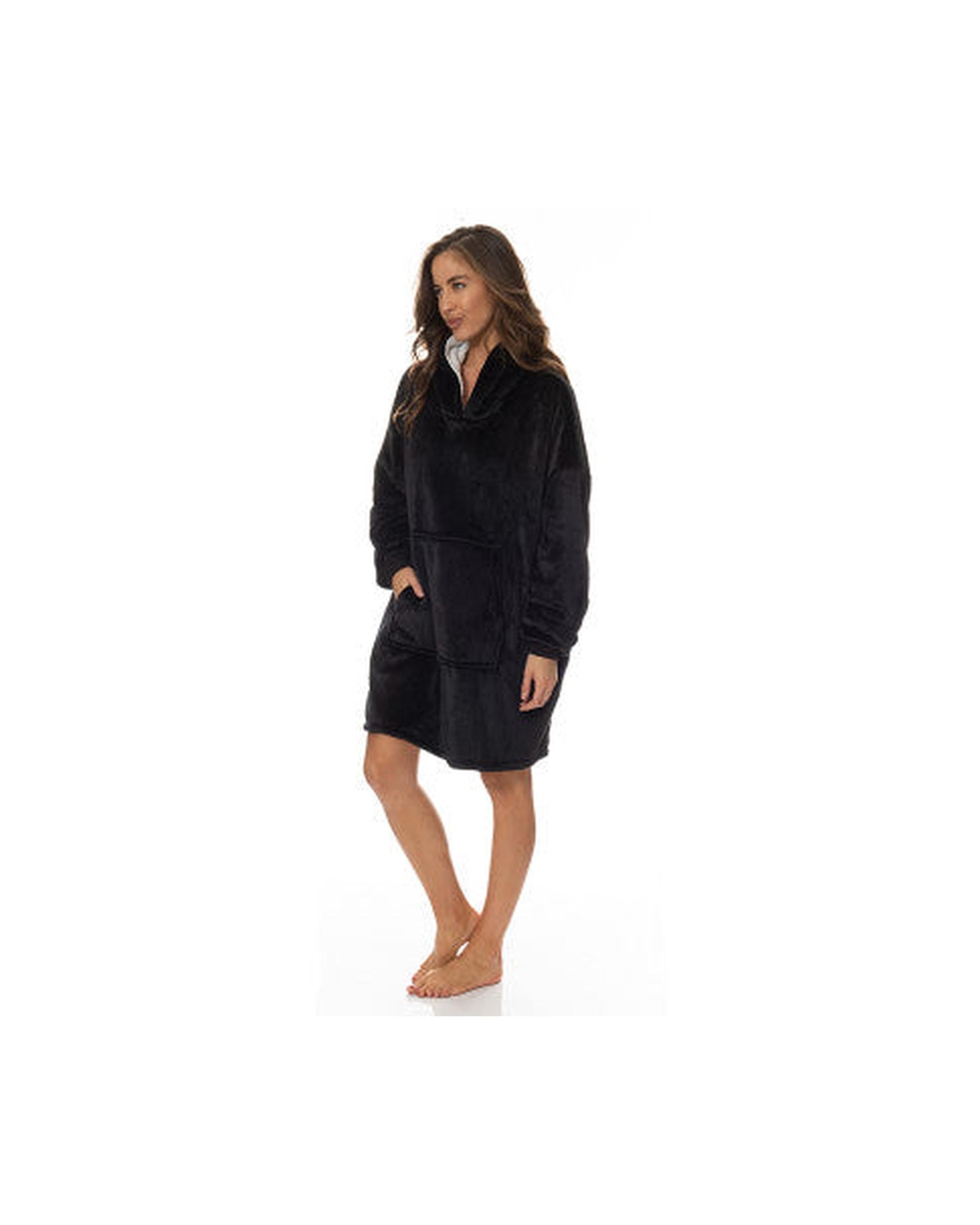Royal Comfort Snug Hoodie Nightwear Super Soft Reversible Coral Fleece 750GSM One Size Black Royal Comfort