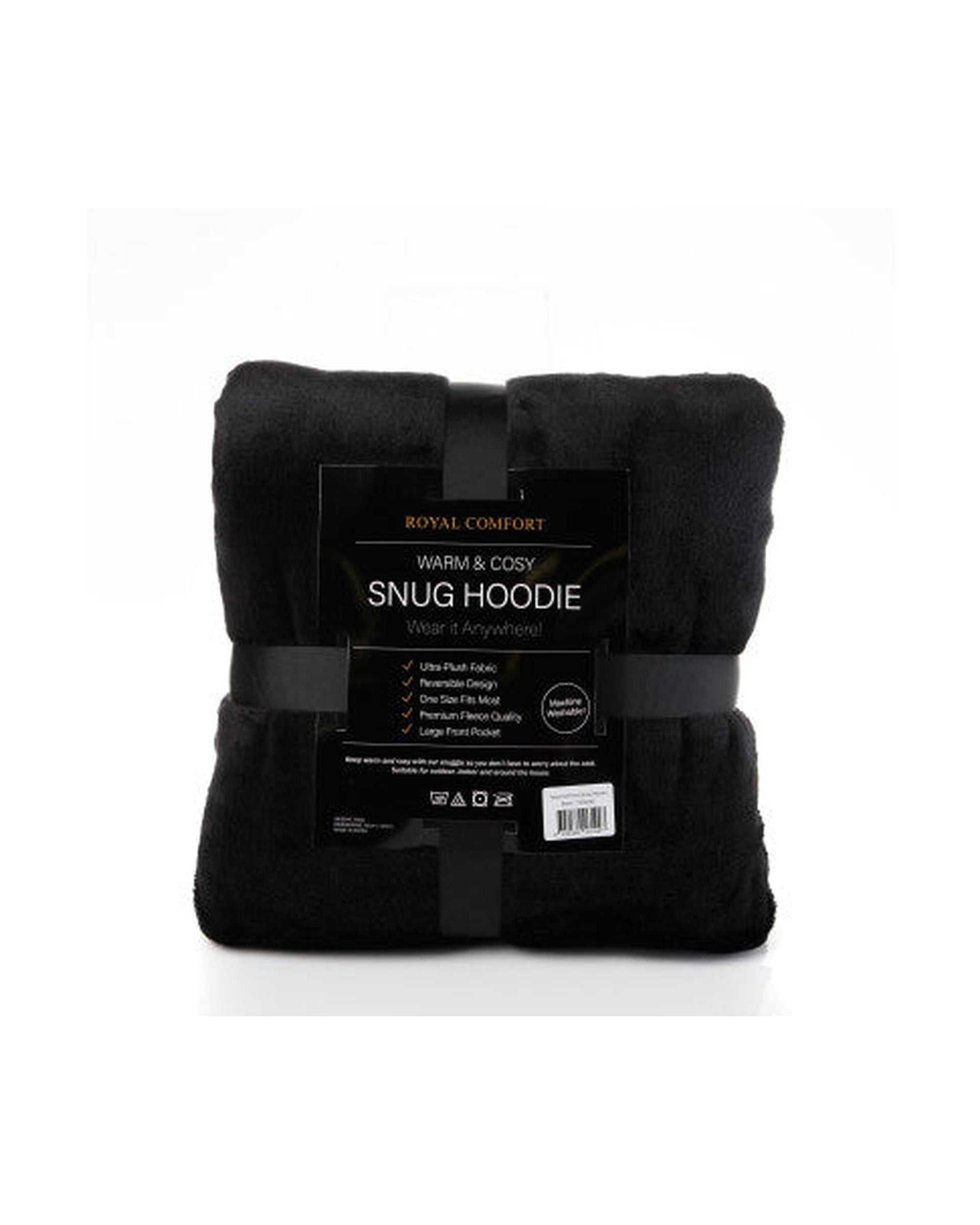 Royal Comfort Snug Hoodie Nightwear Super Soft Reversible Coral Fleece 750GSM One Size Black Royal Comfort