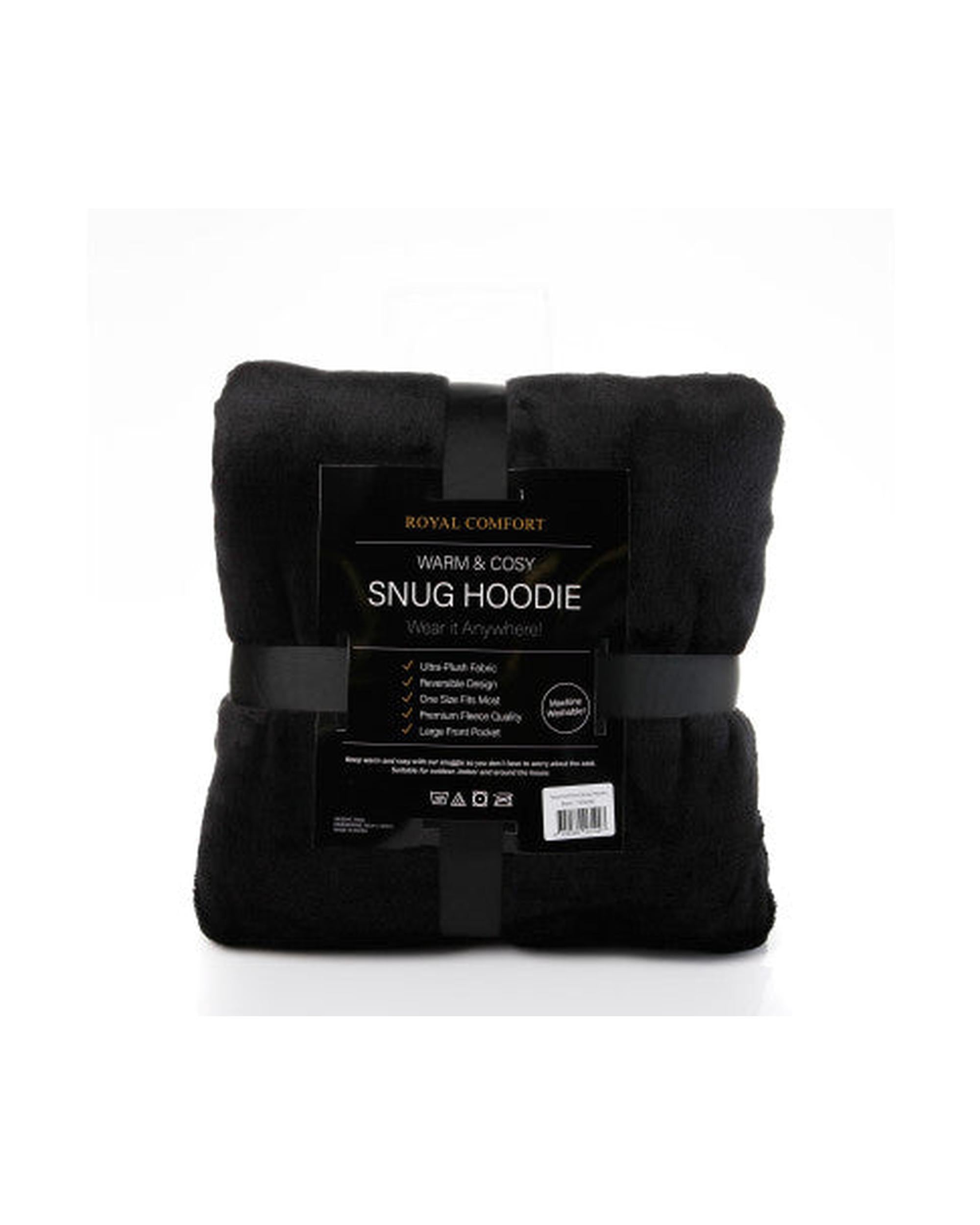 Royal Comfort Snug Hoodie Nightwear Super Soft Reversible Coral Fleece 750GSM One Size Black Royal Comfort