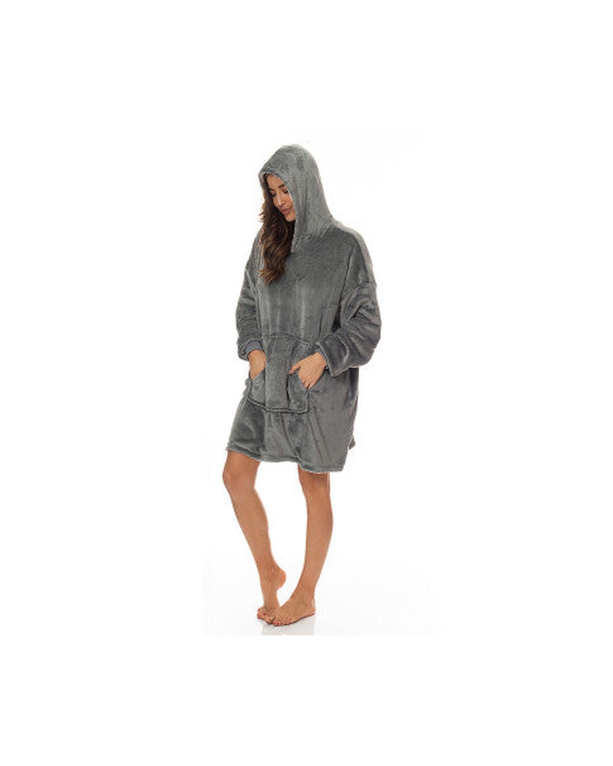 Royal Comfort Snug Hoodie Nightwear Super Soft Reversible Coral Fleece 750GSM One Size Grey Royal Comfort