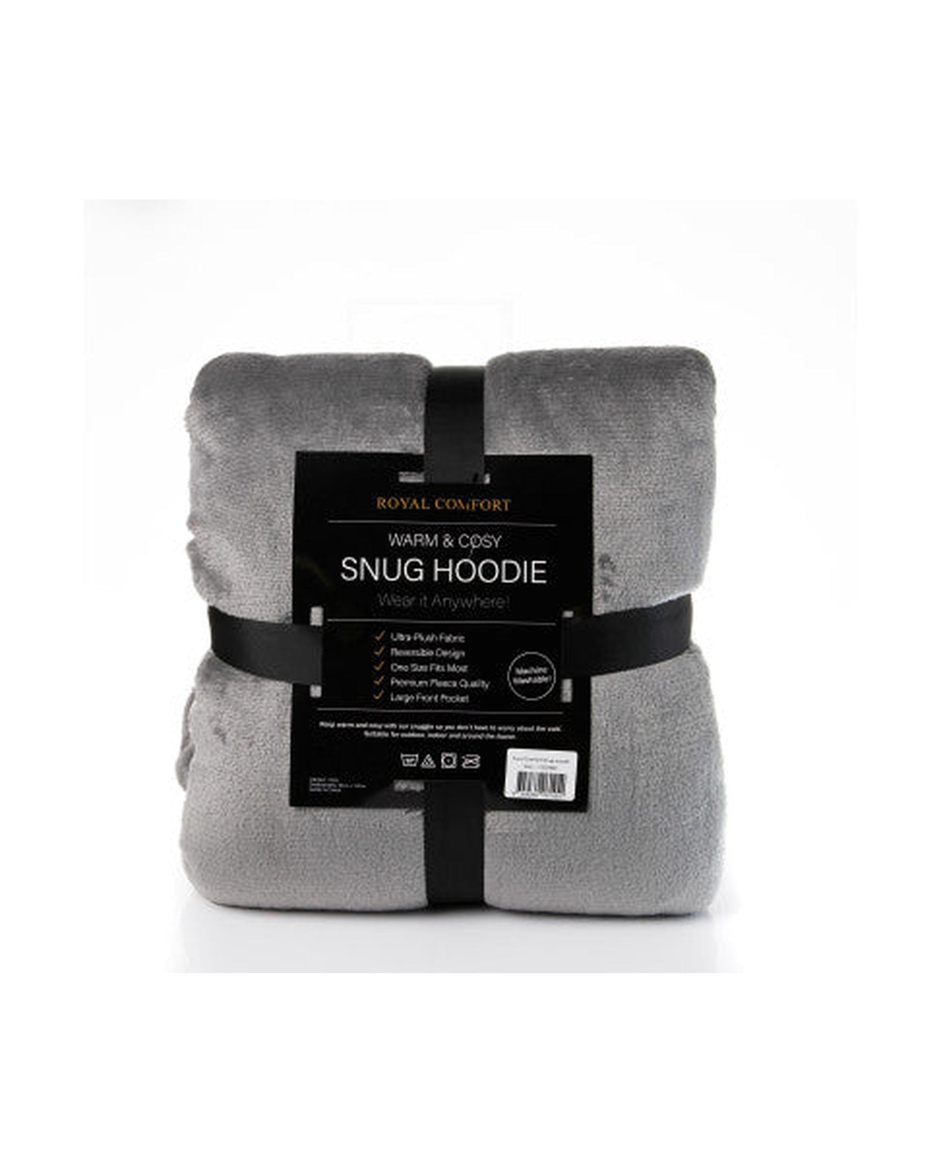 Royal Comfort Snug Hoodie Nightwear Super Soft Reversible Coral Fleece 750GSM One Size Grey Royal Comfort