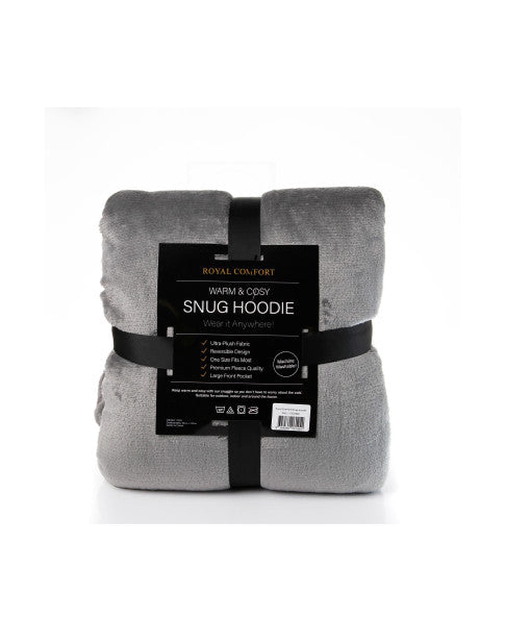 Royal Comfort Snug Hoodie Nightwear Super Soft Reversible Coral Fleece 750GSM One Size Grey Royal Comfort