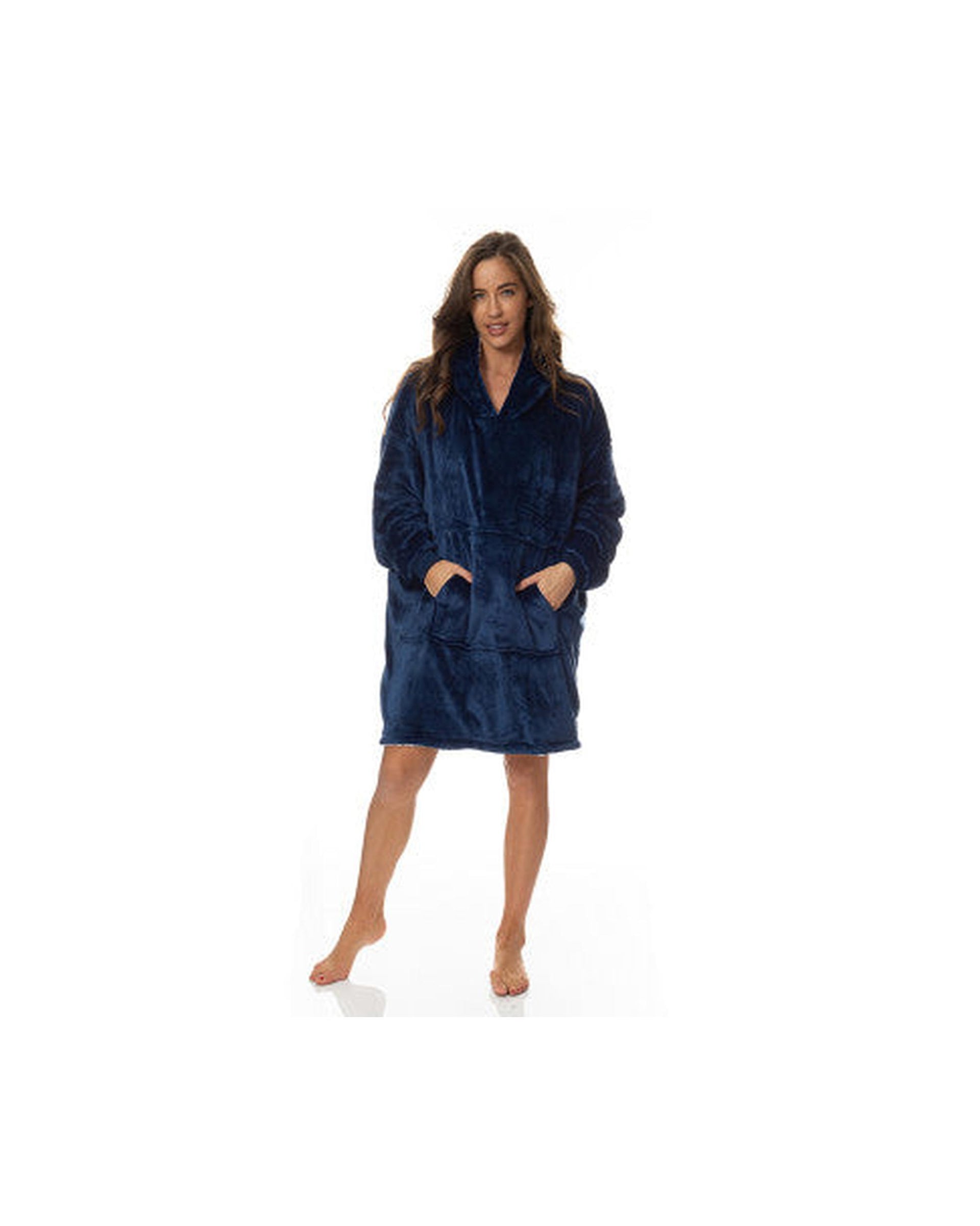 Royal Comfort Snug Hoodie Nightwear Super Soft Reversible Coral Fleece 750GSM One Size Navy Royal Comfort