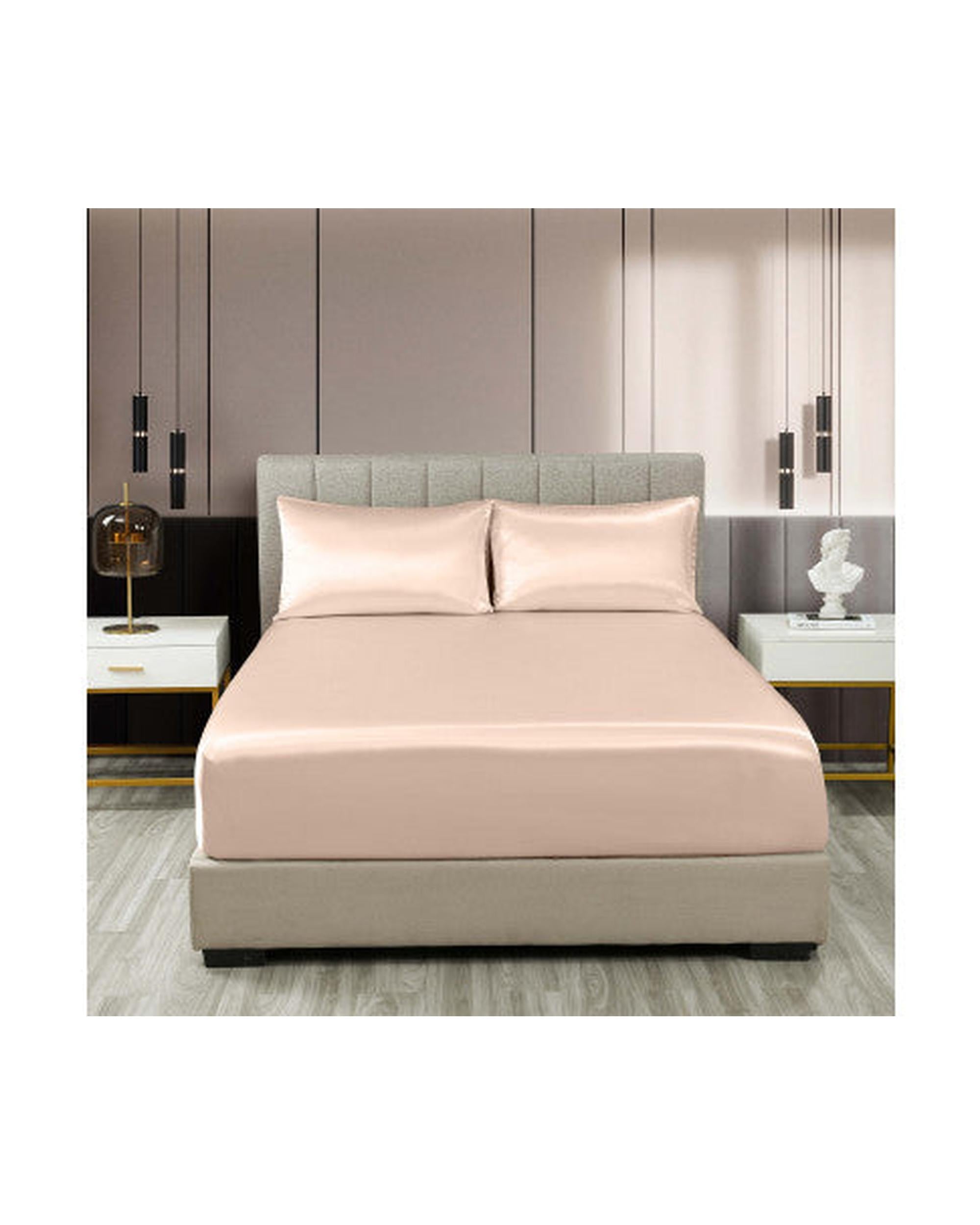Royal Comfort Satin Sheet Set 3 Piece Fitted Flat Sheet Pillowcases - Champagne Pink Royal Comfort