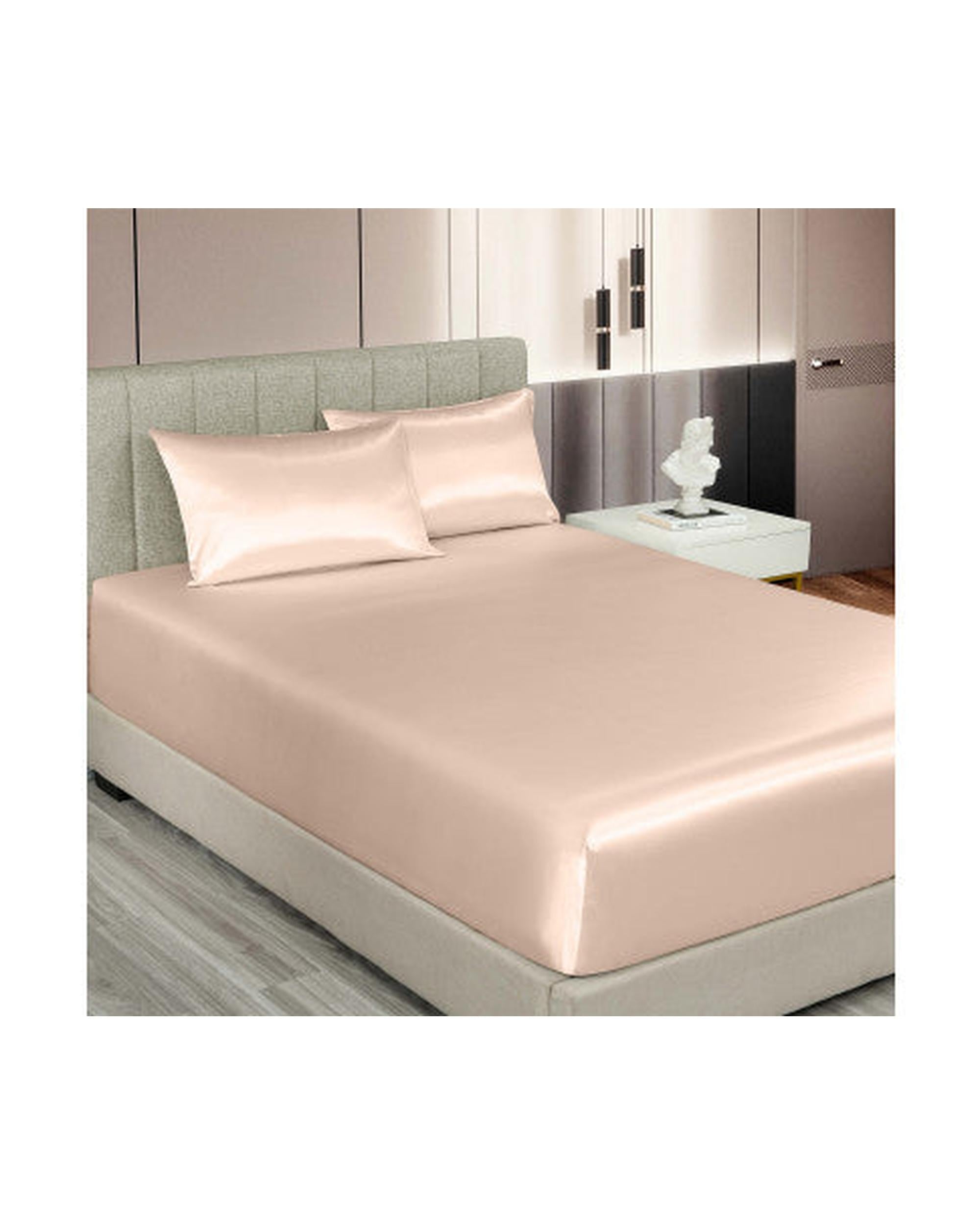 Royal Comfort Satin Sheet Set 3 Piece Fitted Flat Sheet Pillowcases - Champagne Pink Royal Comfort