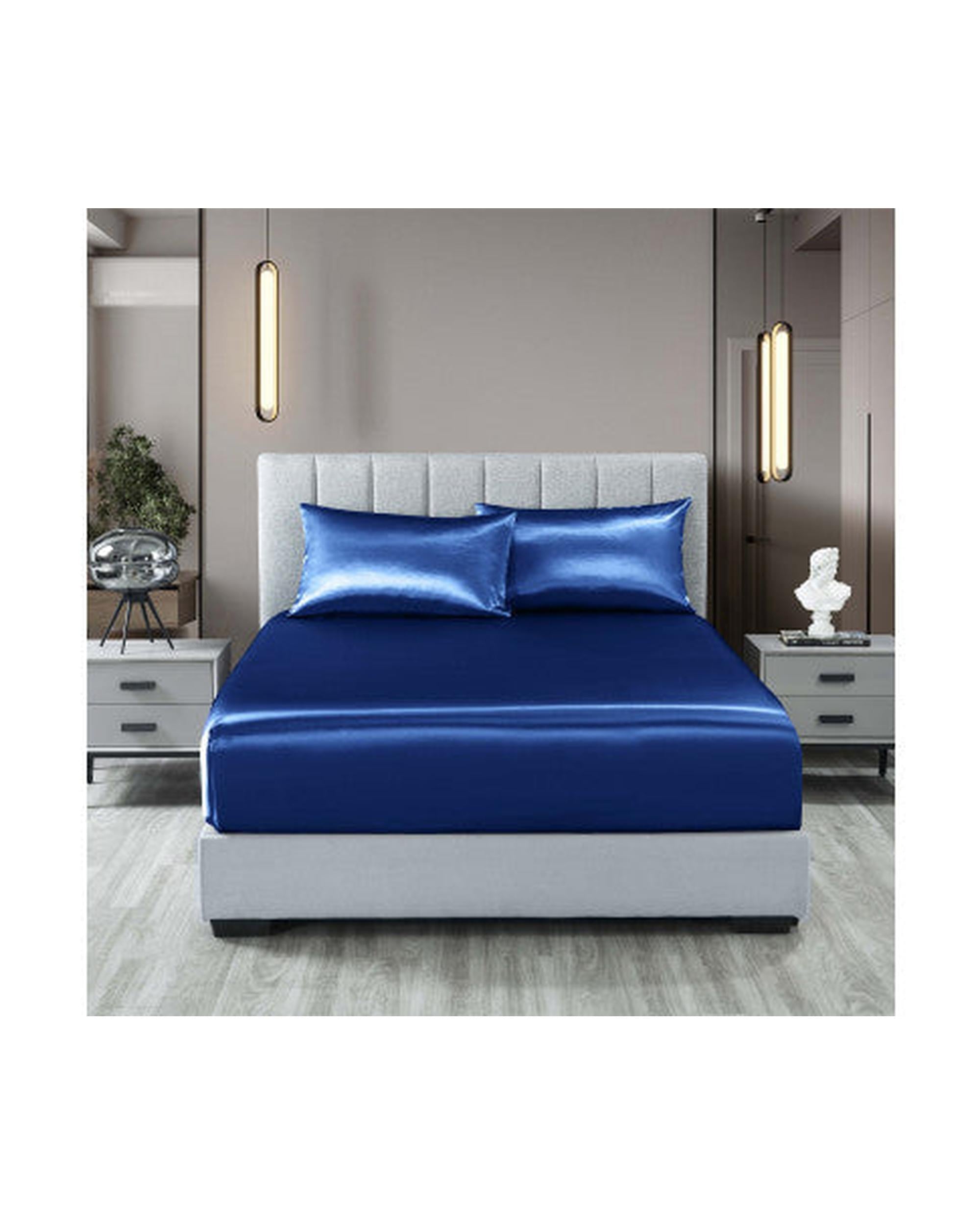 Royal Comfort Satin Sheet Set 3 Piece Fitted Flat Sheet Pillowcases - Navy Blue Royal Comfort