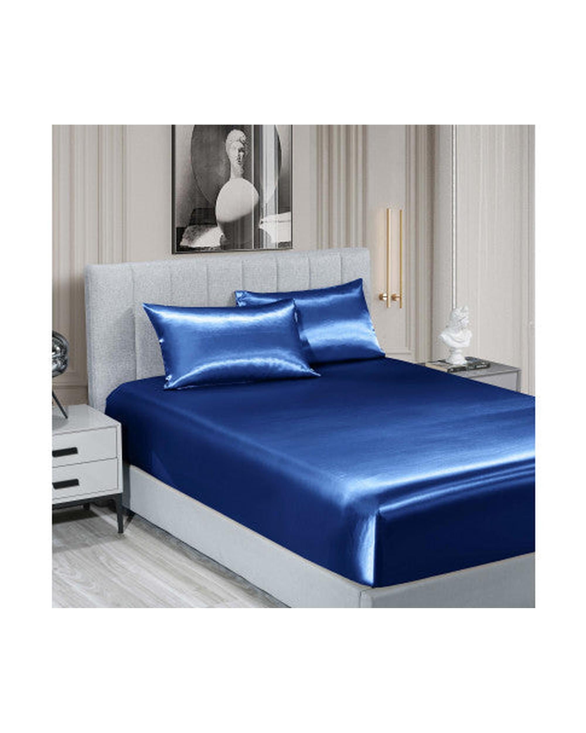 Royal Comfort Satin Sheet Set 3 Piece Fitted Flat Sheet Pillowcases - Navy Blue Royal Comfort
