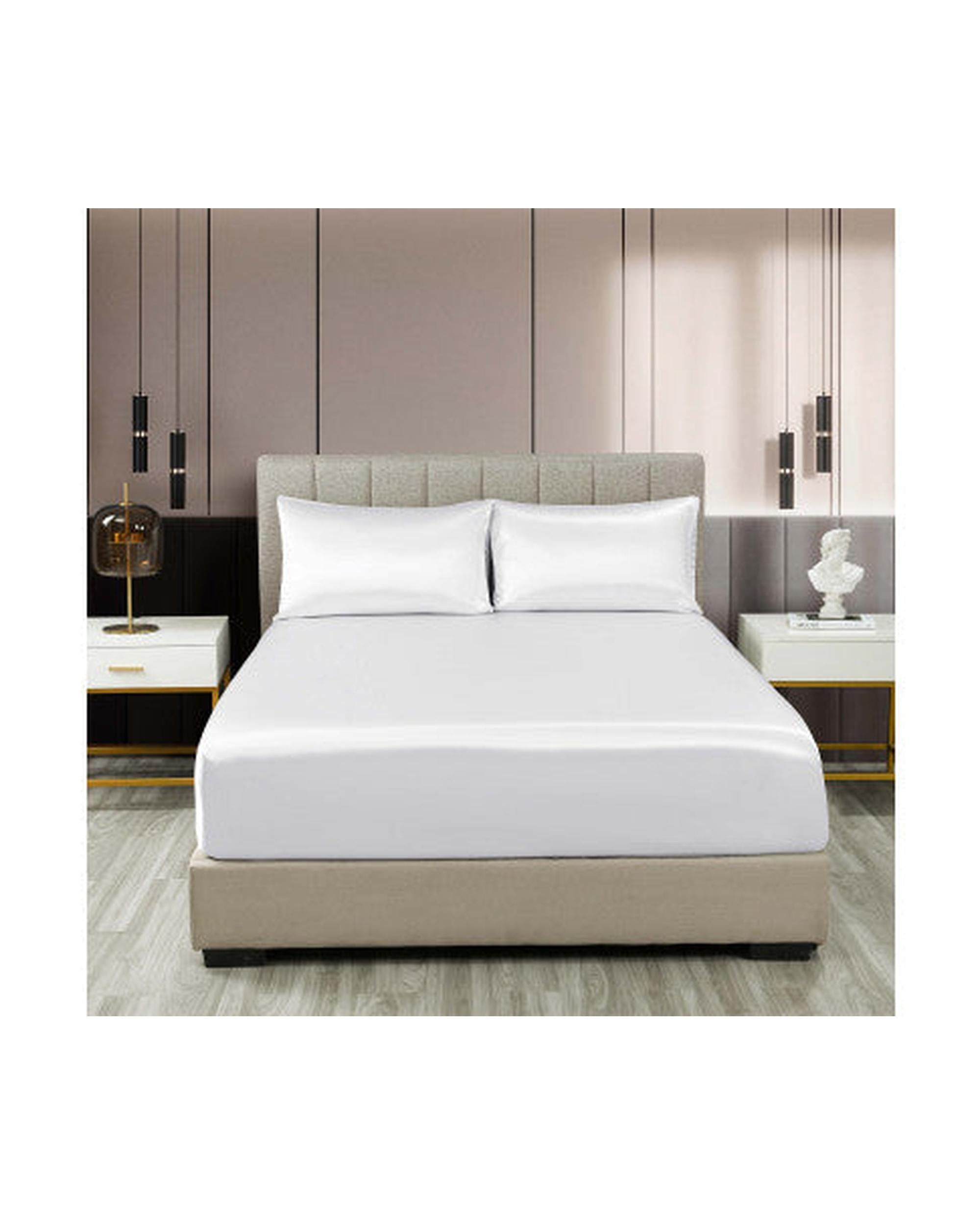 Royal Comfort Satin Sheet Set 3 Piece Fitted Flat Sheet Pillowcases - White Royal Comfort