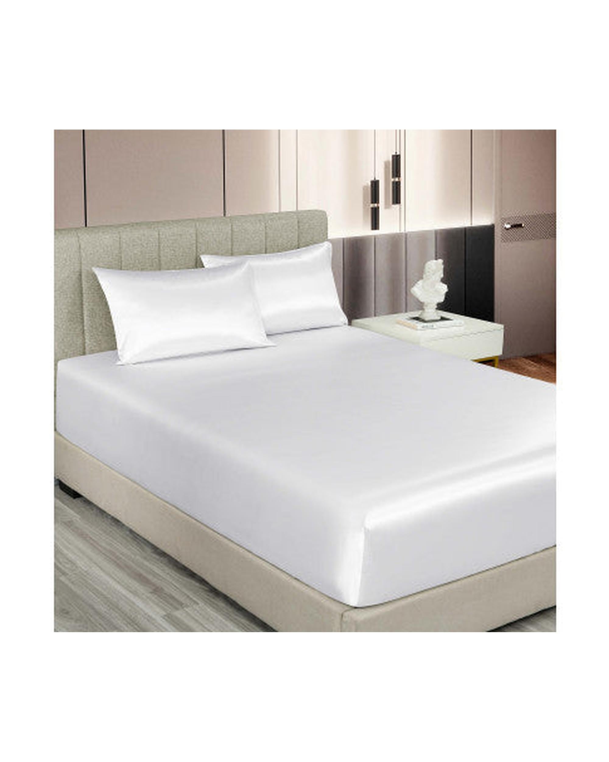 Royal Comfort Satin Sheet Set 3 Piece Fitted Flat Sheet Pillowcases - White Royal Comfort