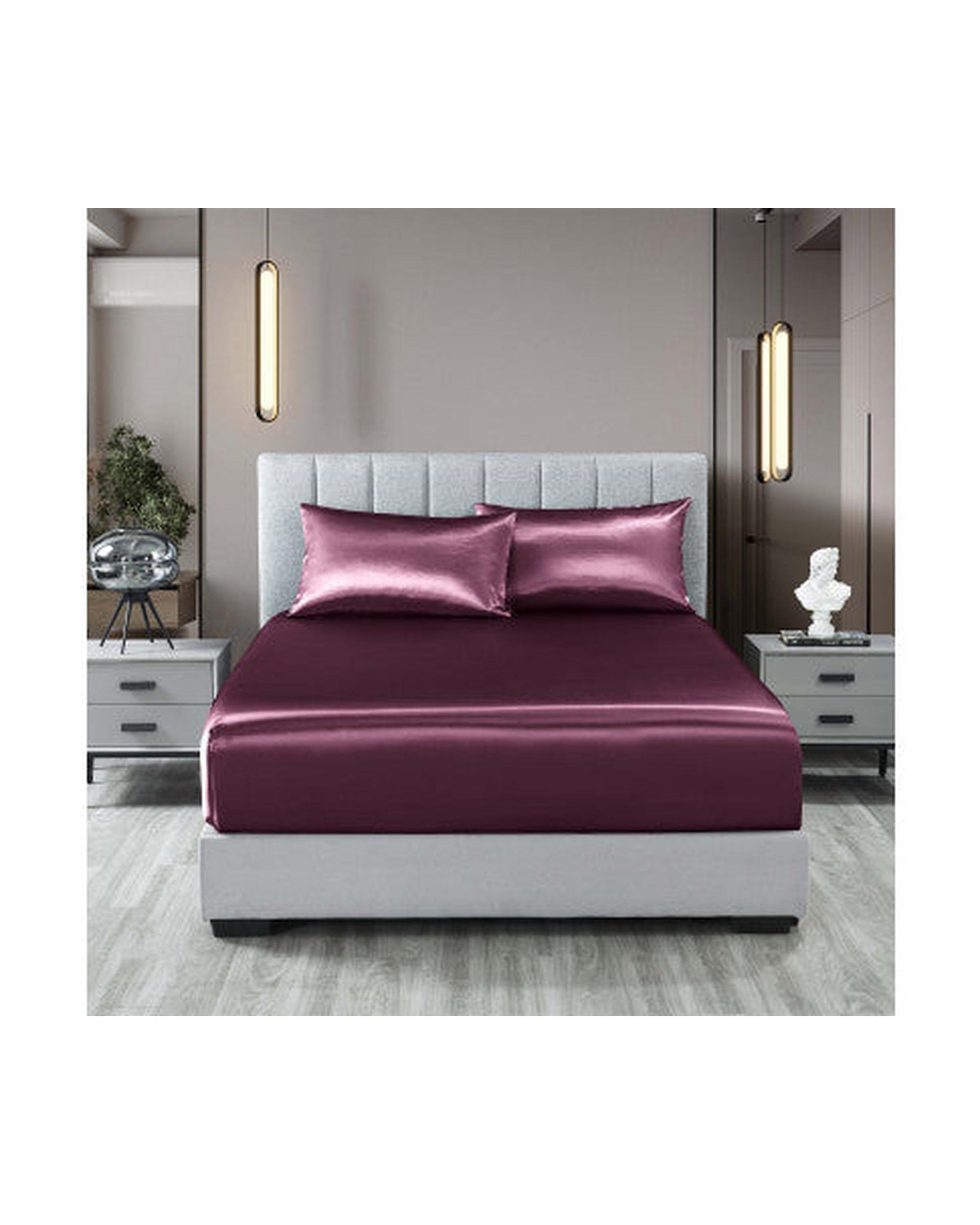 Royal Comfort Satin Sheet Set 3 Piece Fitted Flat Sheet Pillowcases - Malaga Wine Royal Comfort