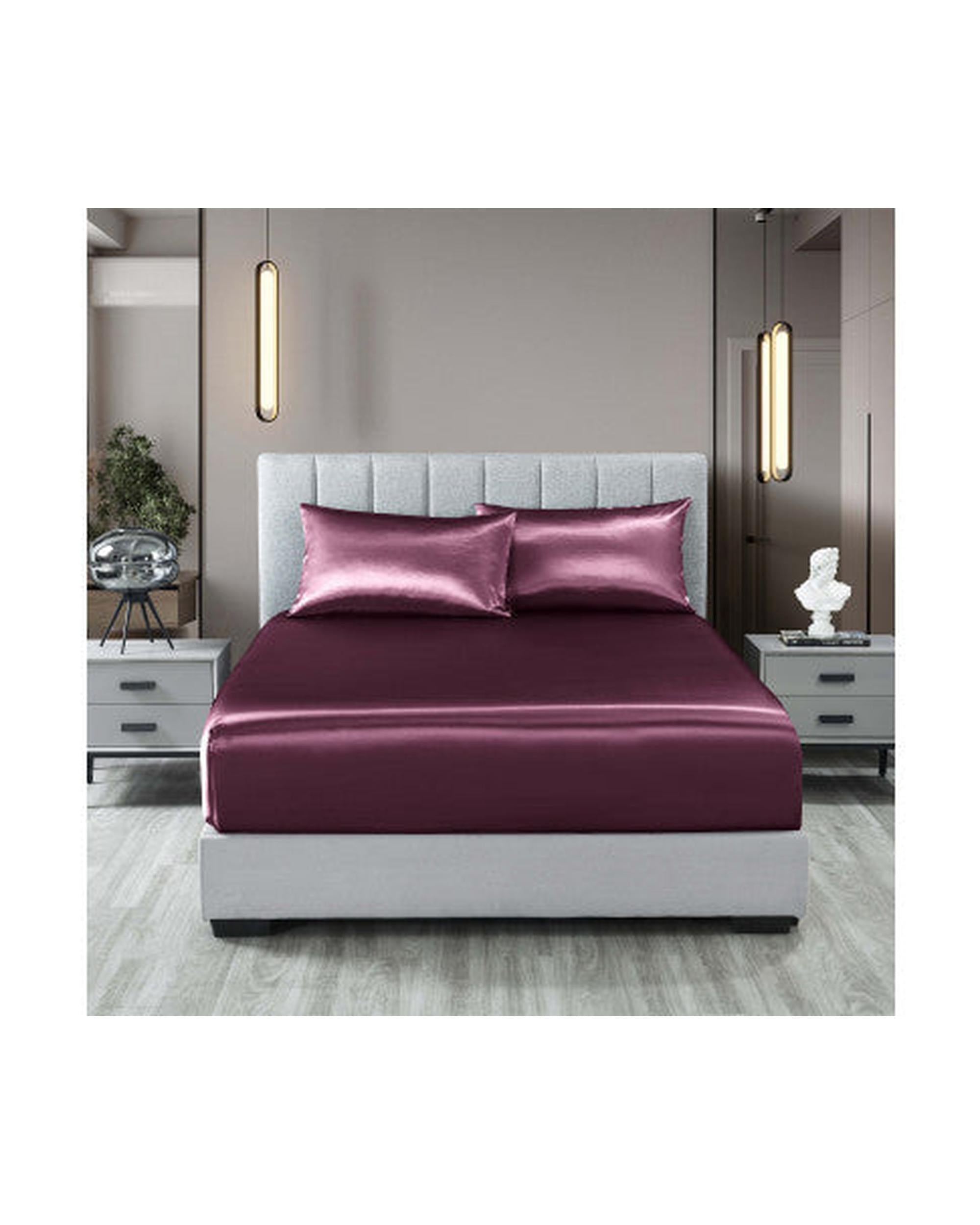 Royal Comfort Satin Sheet Set 3 Piece Fitted Flat Sheet Pillowcases - Malaga Wine Royal Comfort