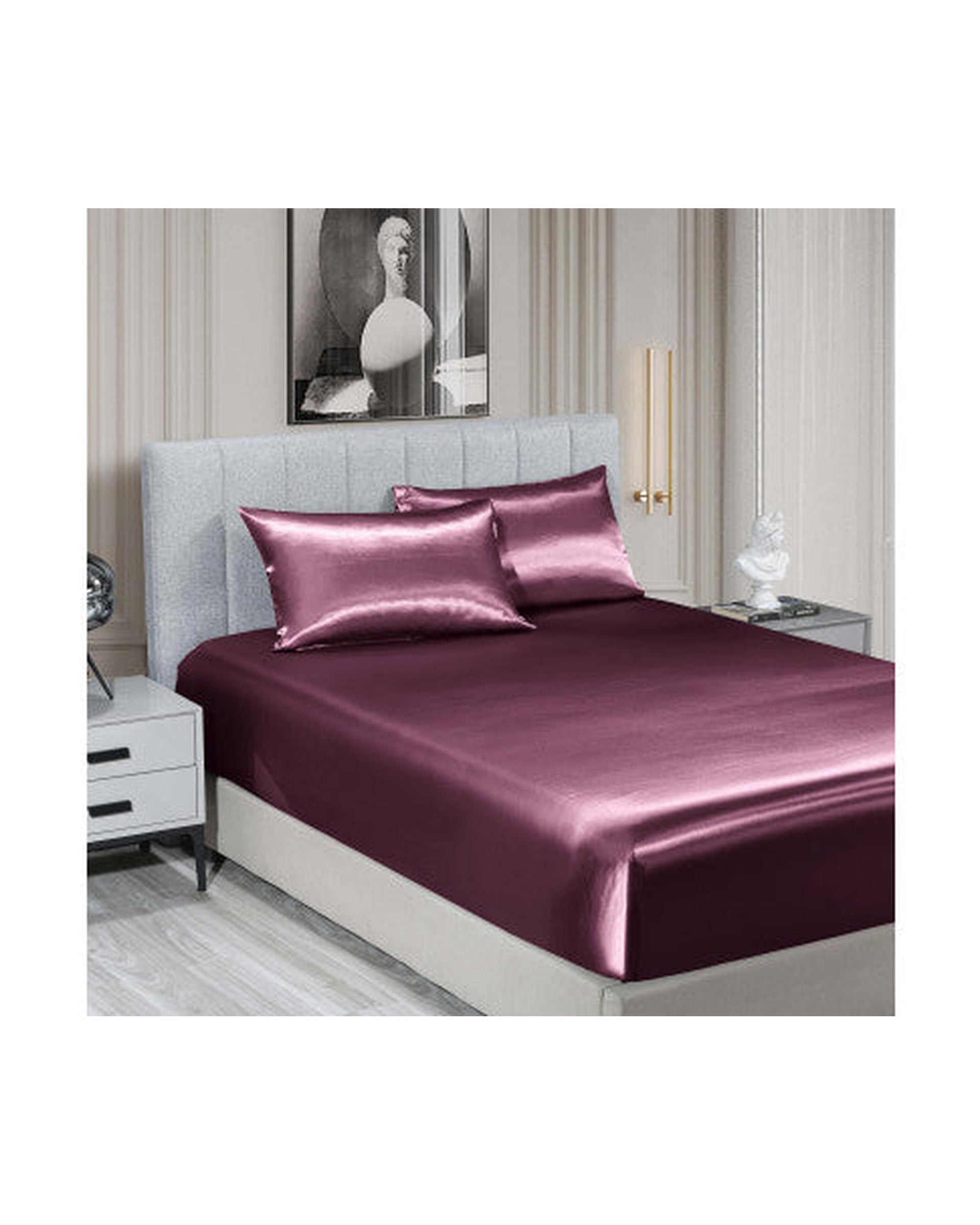 Royal Comfort Satin Sheet Set 3 Piece Fitted Flat Sheet Pillowcases - Malaga Wine Royal Comfort