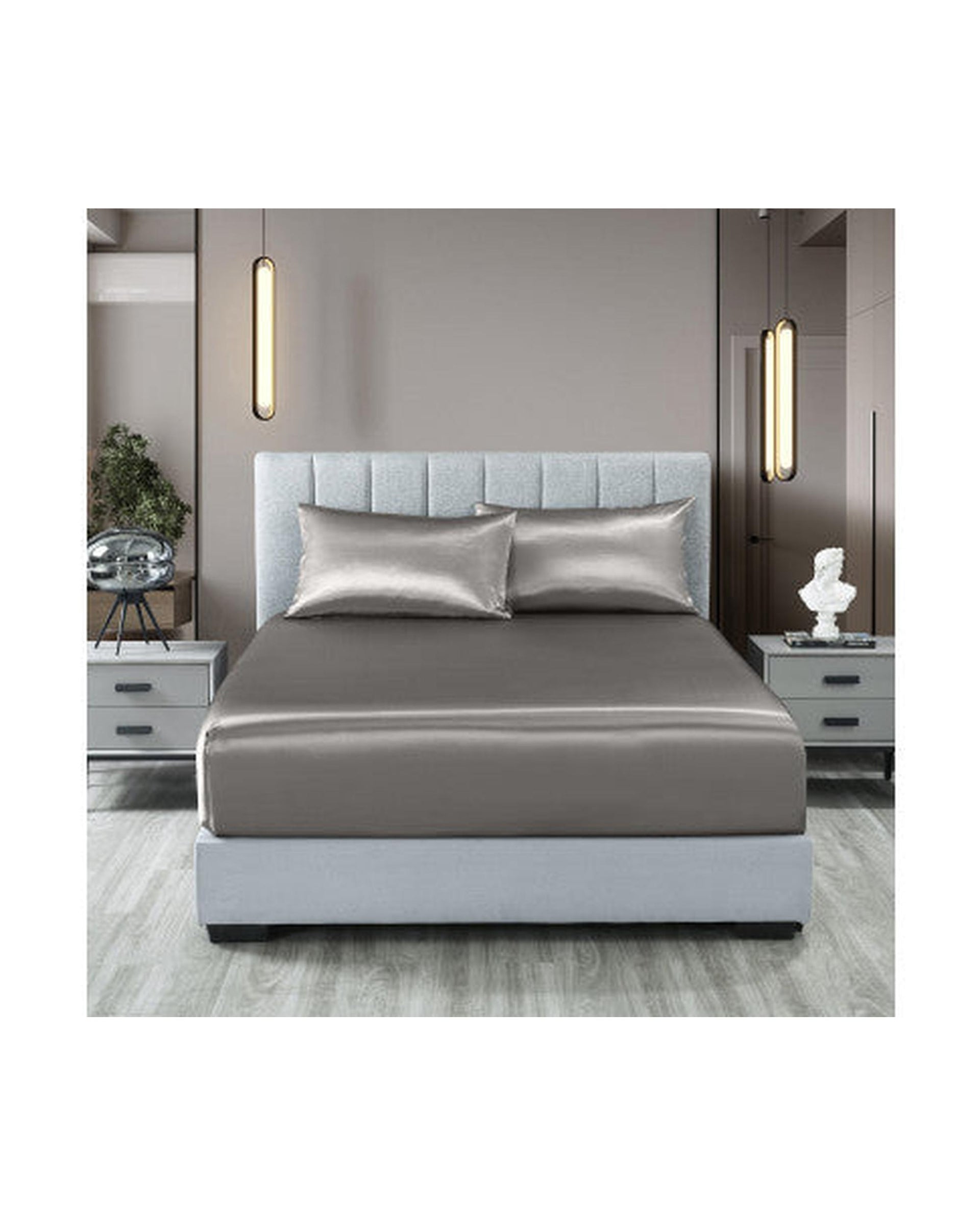 Royal Comfort Satin Sheet Set 3 Piece Fitted Flat Sheet Pillowcases - Charcoal Royal Comfort