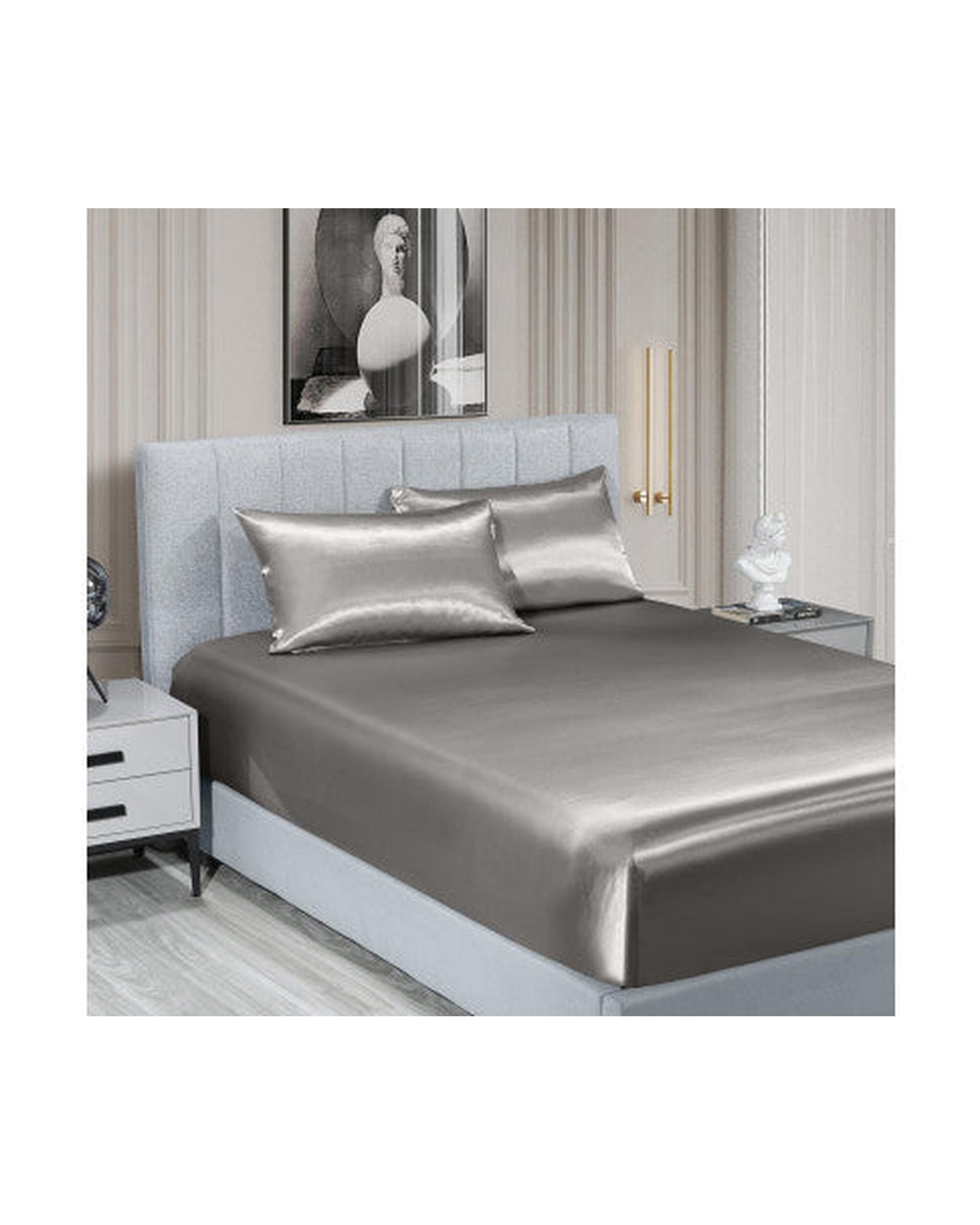 Royal Comfort Satin Sheet Set 3 Piece Fitted Flat Sheet Pillowcases - Charcoal Royal Comfort