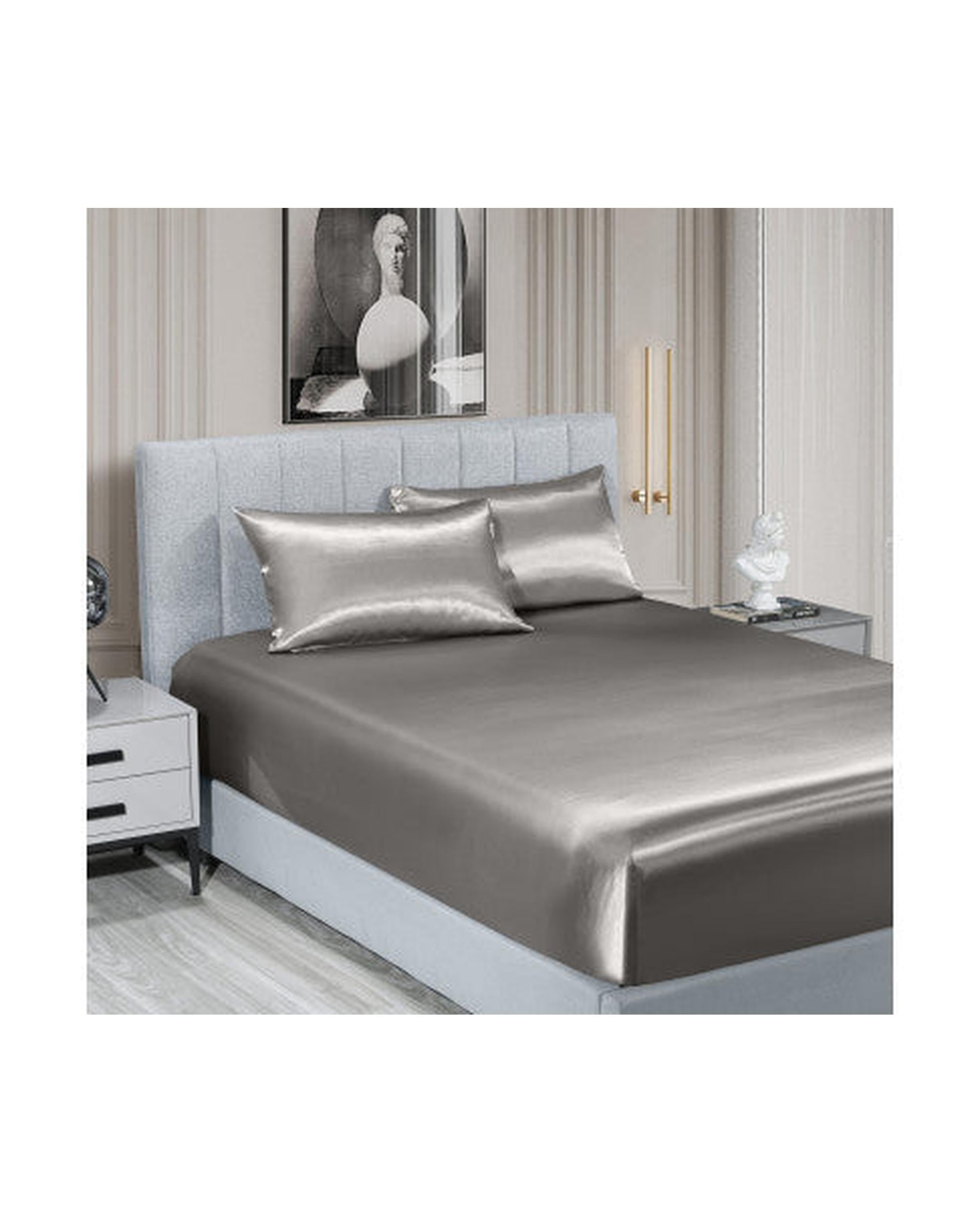 Royal Comfort Satin Sheet Set 3 Piece Fitted Flat Sheet Pillowcases - Charcoal Royal Comfort