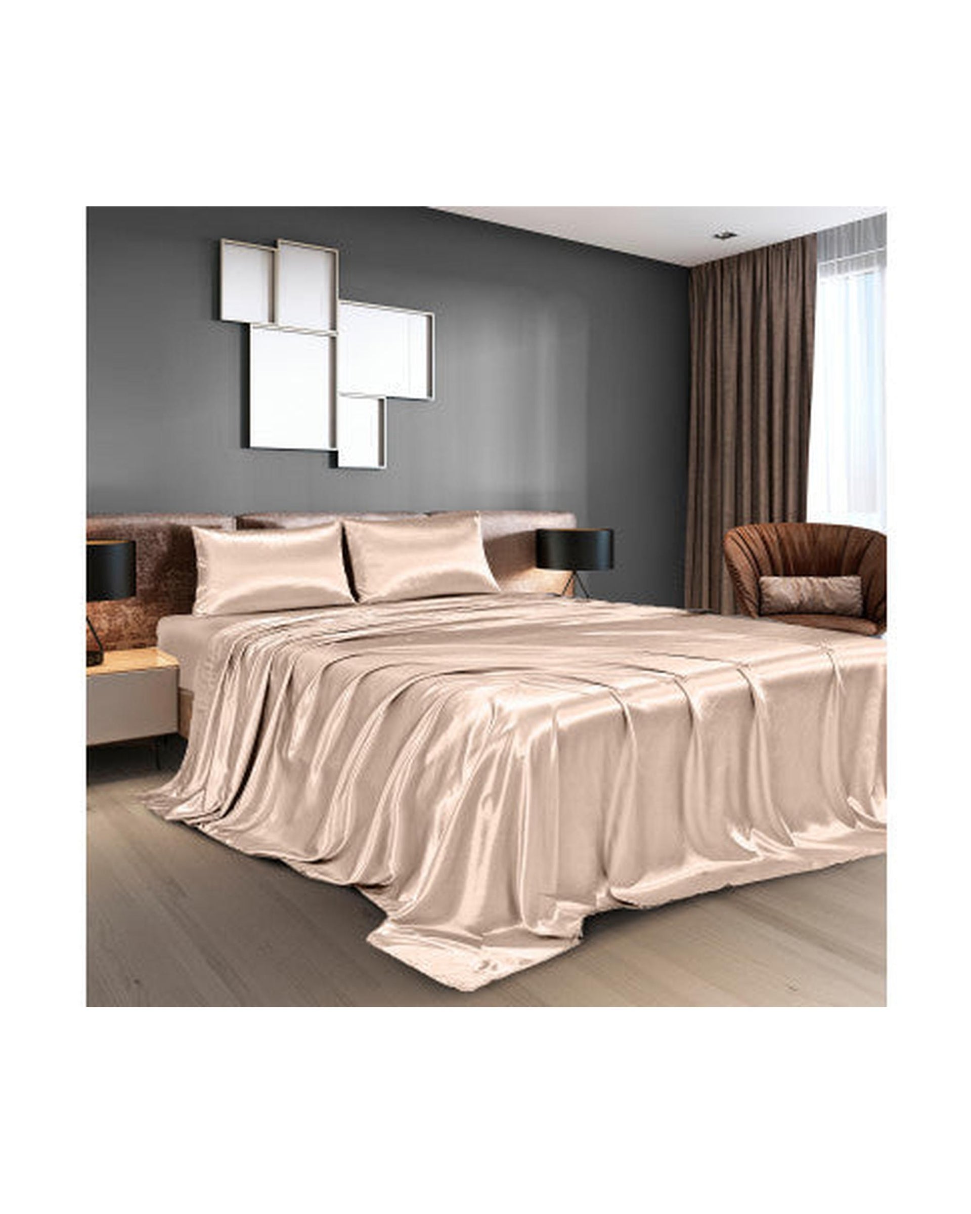 Royal Comfort Satin Sheet Set 4 Piece Fitted Flat Sheet Pillowcases - Champagne Pink Royal Comfort