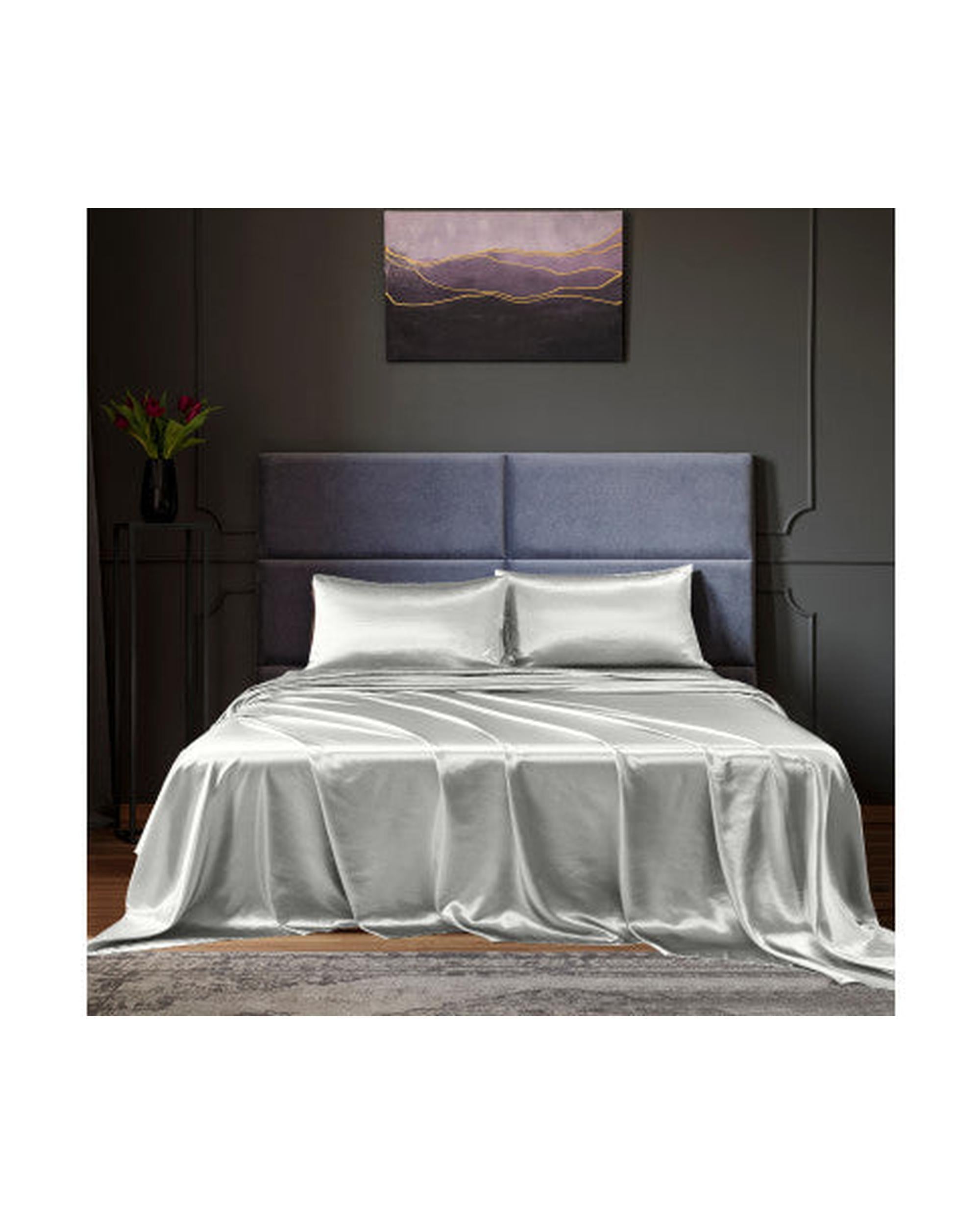 Royal Comfort Satin Sheet Set 4 Piece Fitted Flat Sheet Pillowcases - Silver Royal Comfort